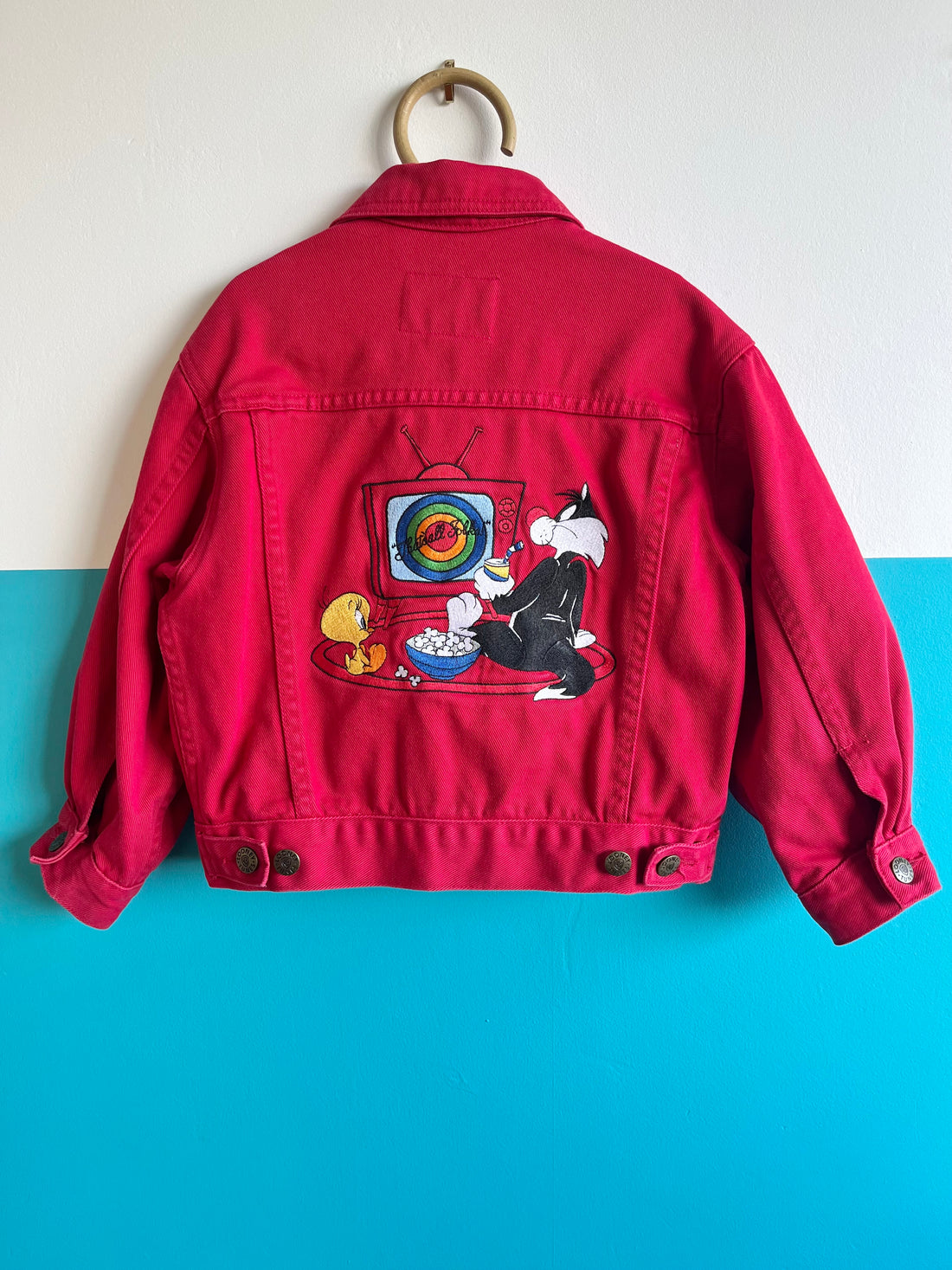 Vintage Looney Tunes Back Patch Red Denim Jacket ~ 4-7 Years