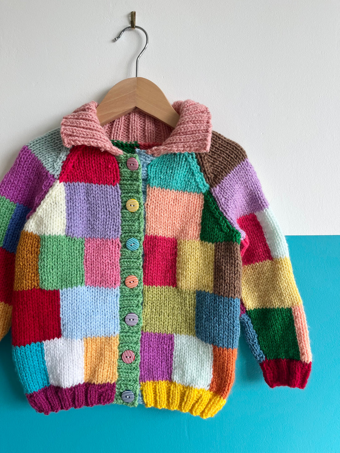 Rainbow Square Hand Knitted Cardigan W/ Pink Collar ~ 2-3 Years