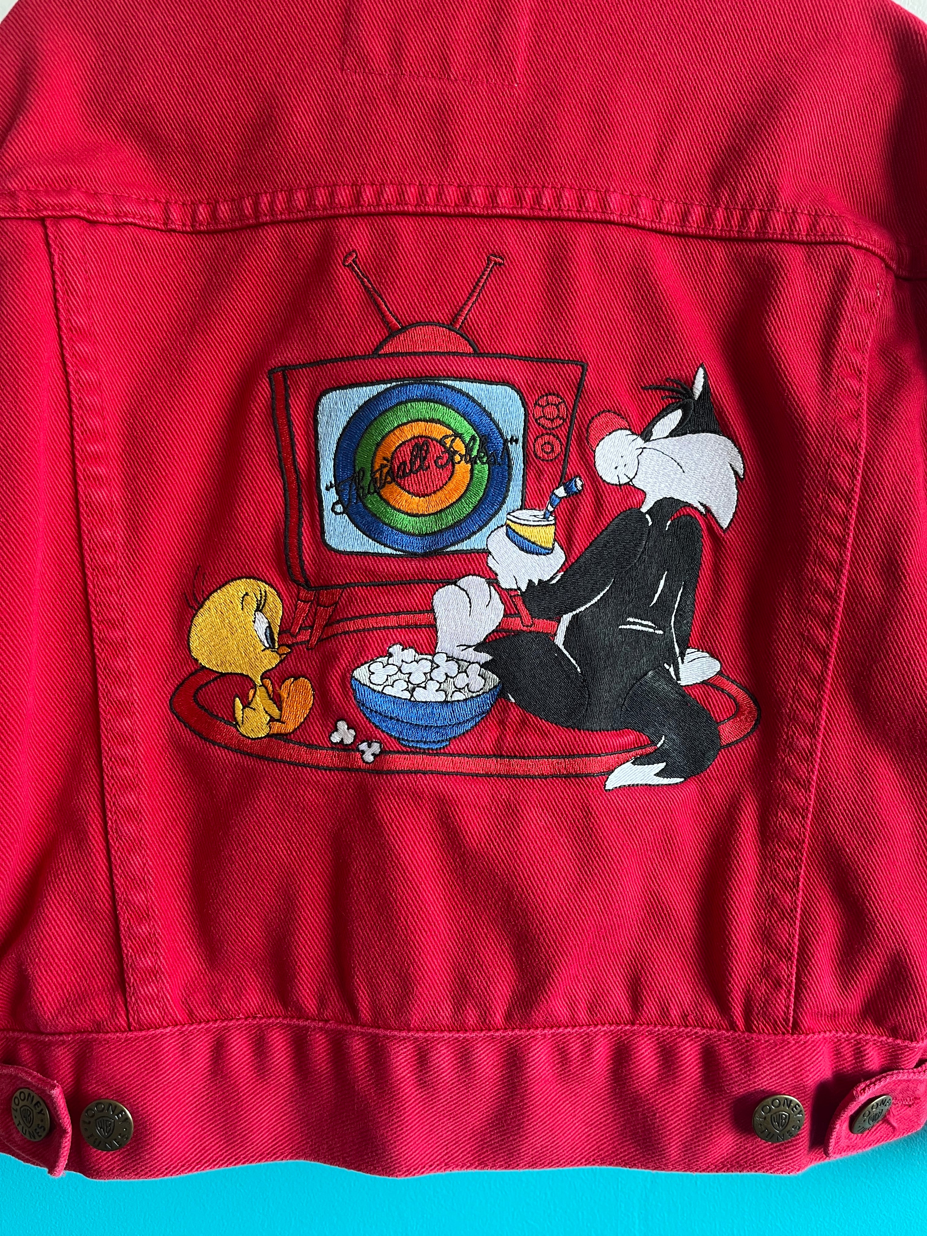 Vintage Looney Tunes Back Patch Red Denim Jacket ~ 4-7 Years