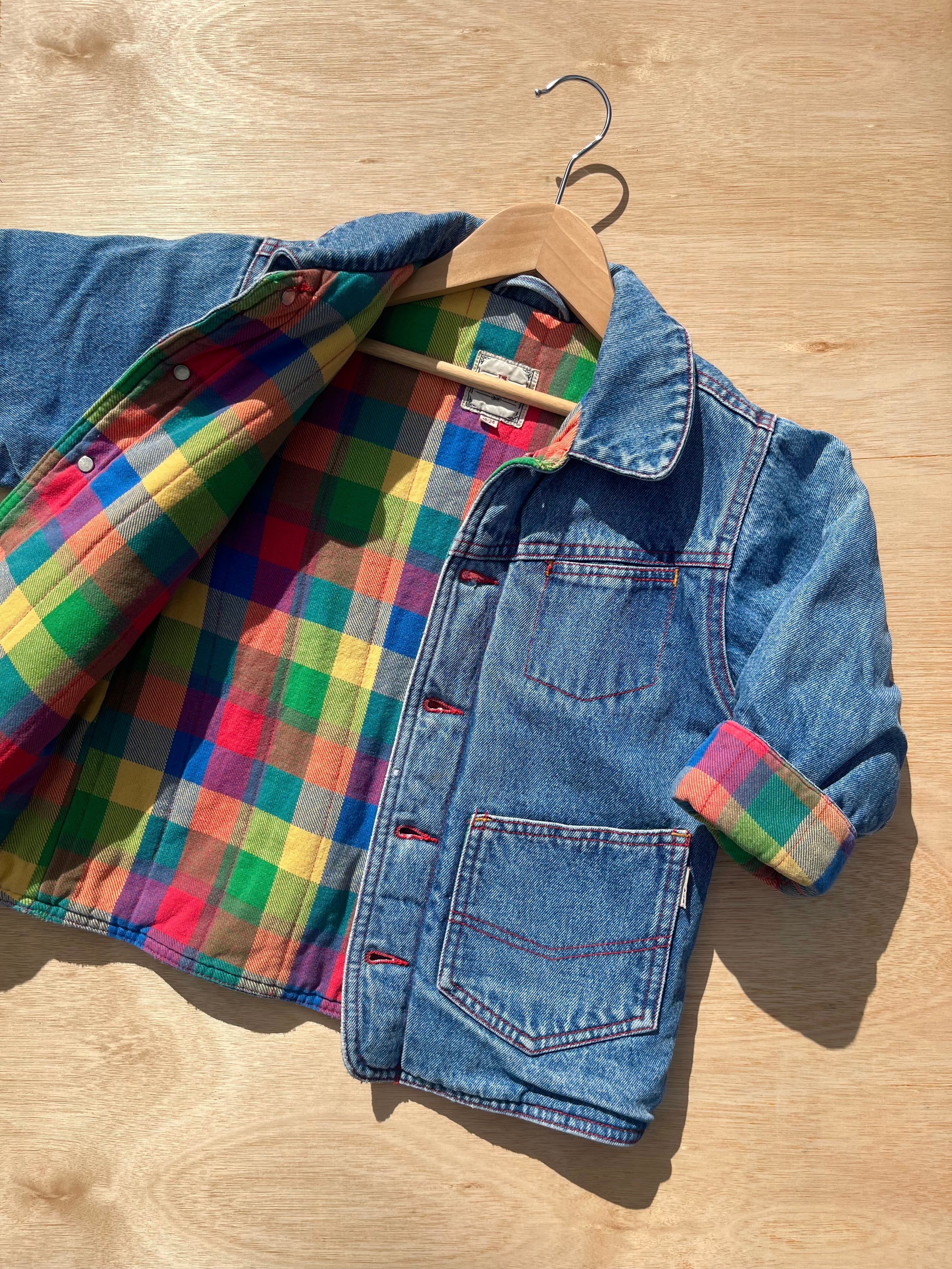 Vintage Padded Thick Denim Jacket W/ Multi-Check Lining ~ 2-3 Years