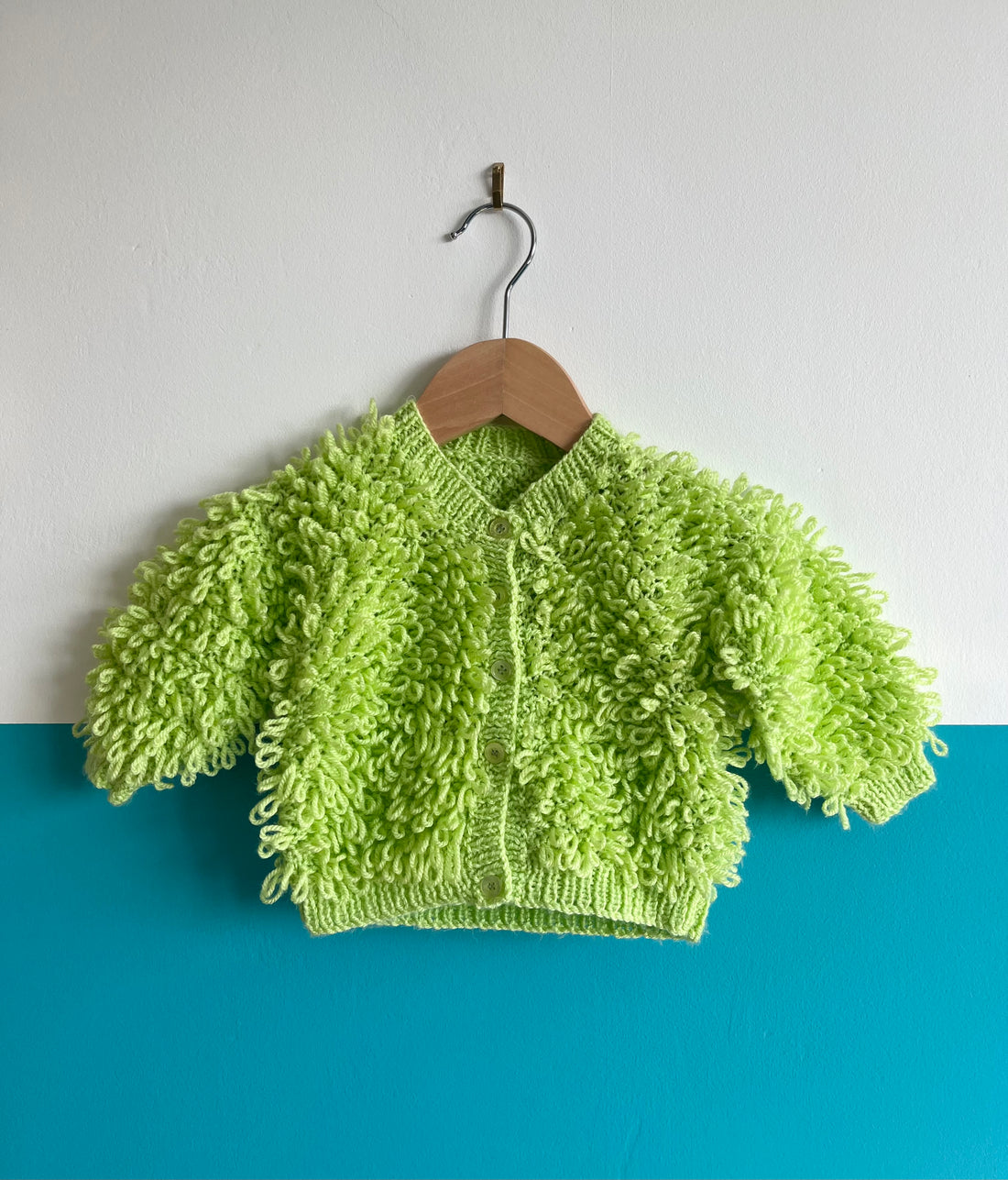 Lime Green Hand Knitted Loop Cardigan ~ 3-6 Months