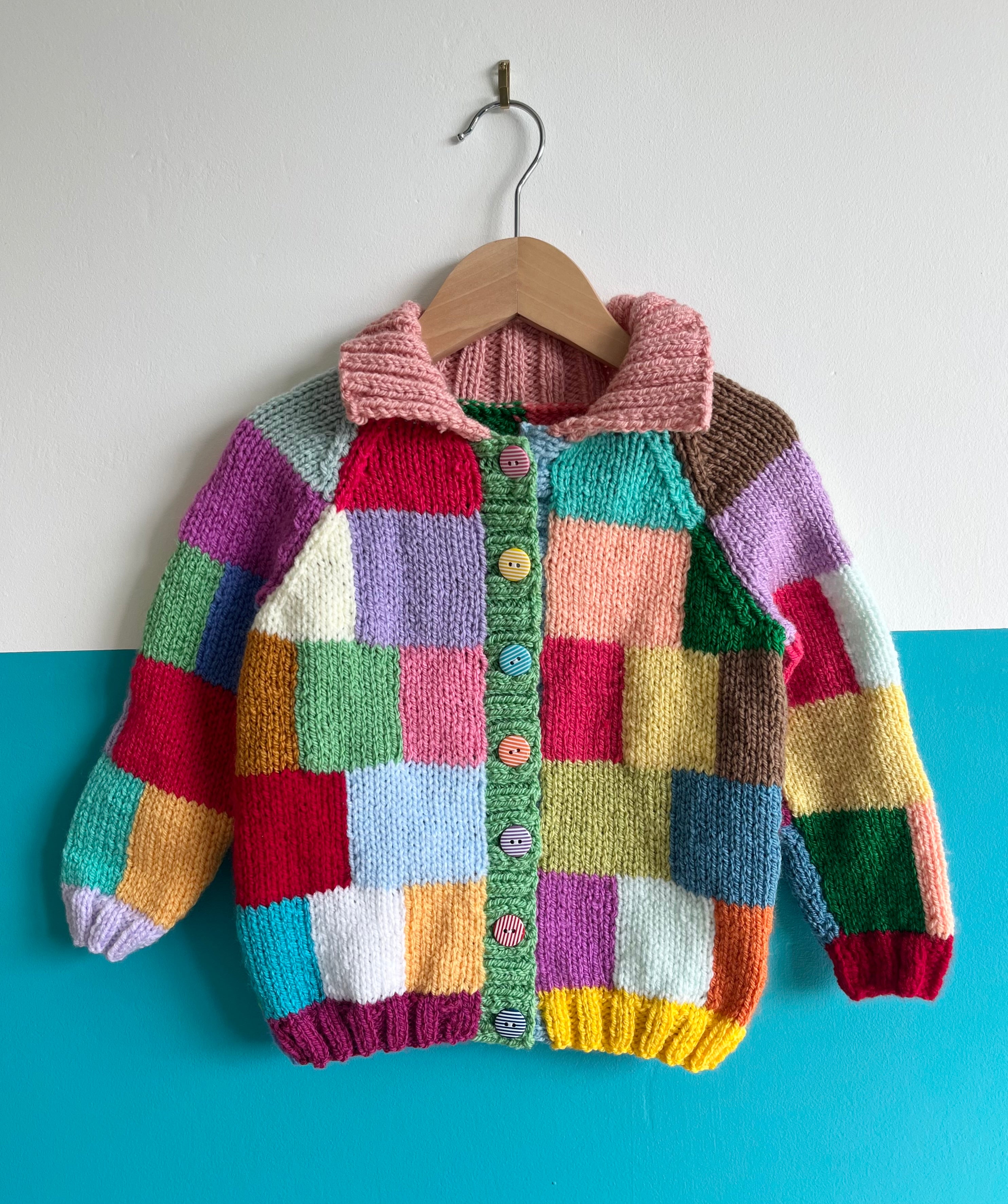 Rainbow Square Hand Knitted Cardigan W/ Pink Collar ~ 2-3 Years