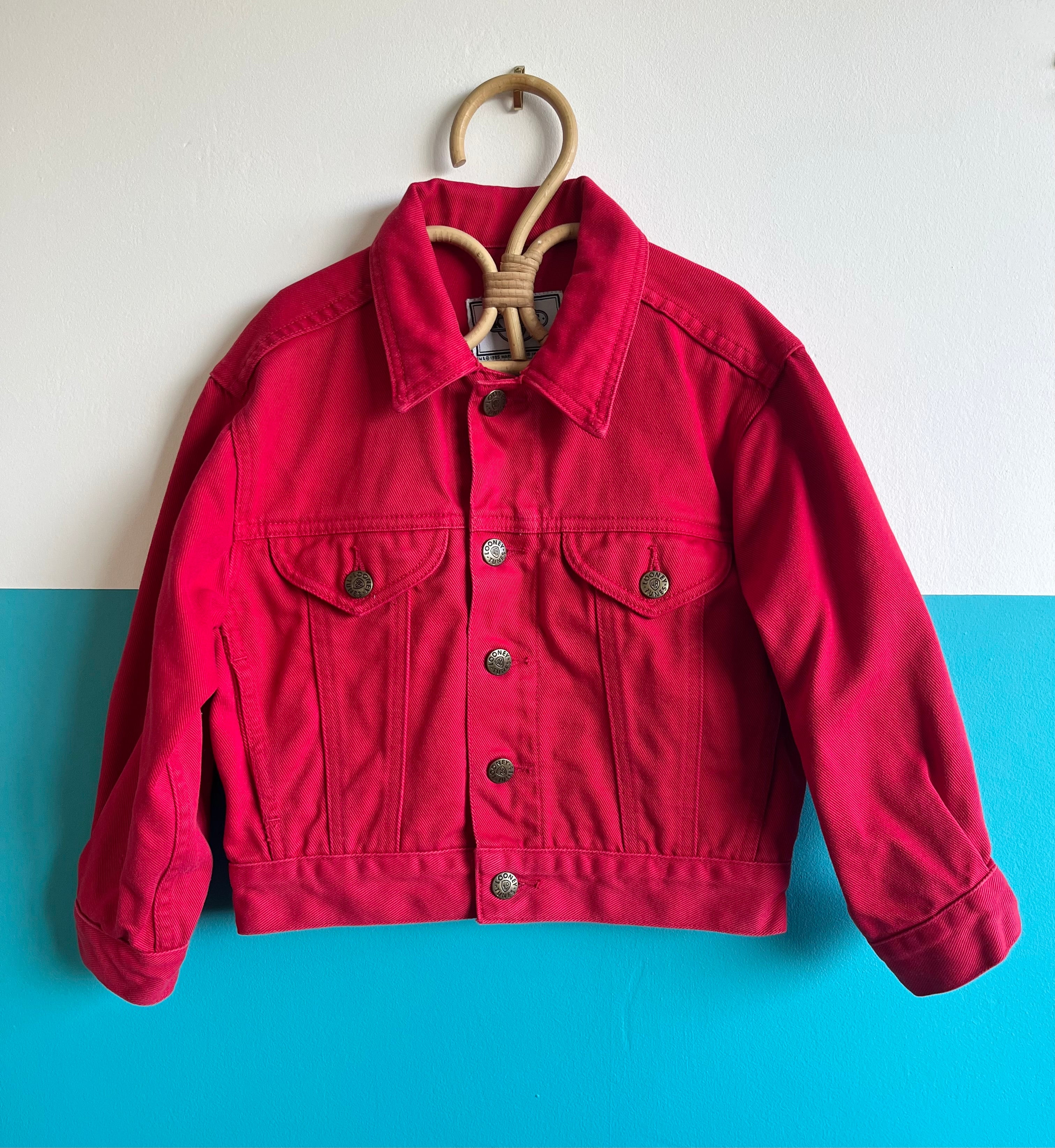 Vintage Looney Tunes Back Patch Red Denim Jacket ~ 4-7 Years