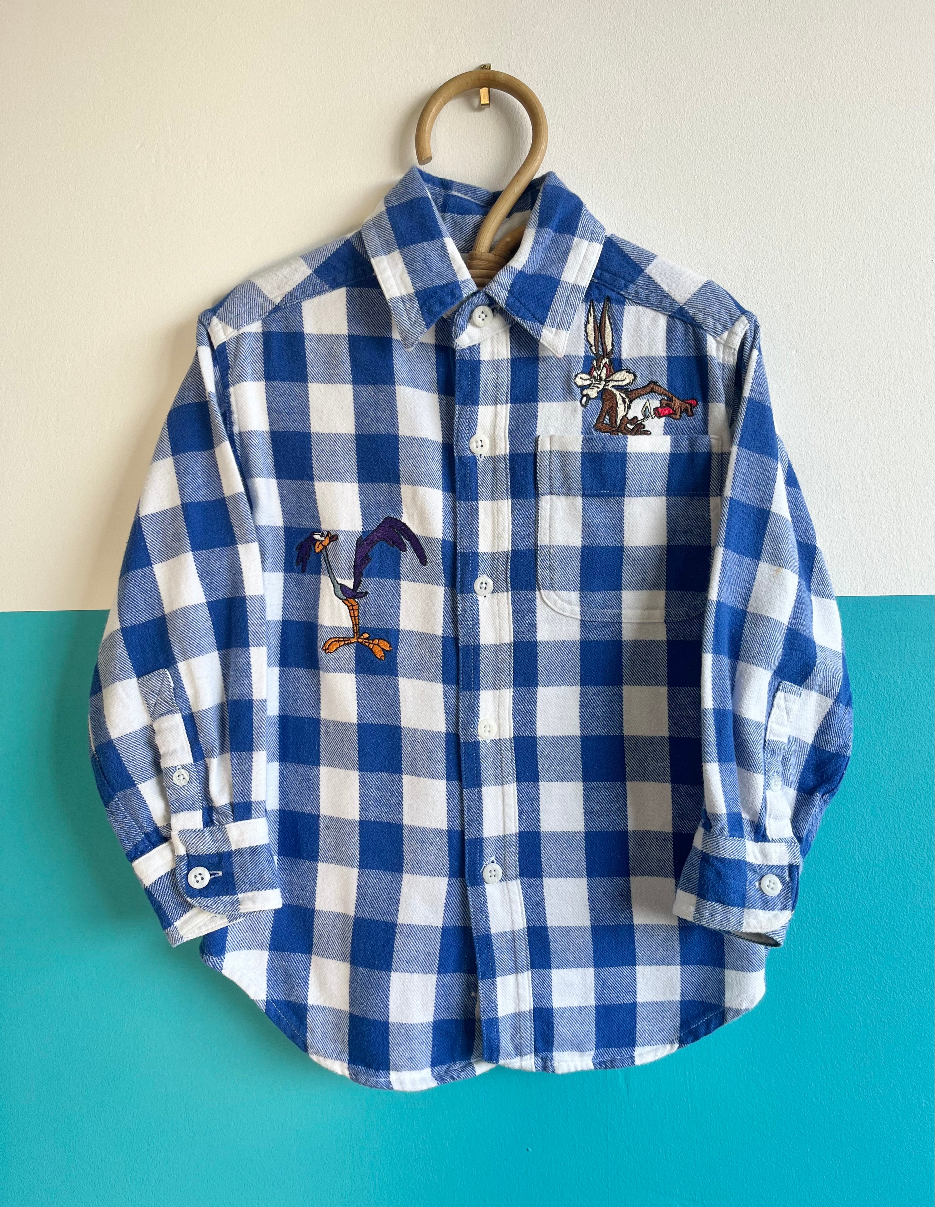 Vintage Looney Tunes Blue & White Check Flannel Shirt ~ 2-4 Years