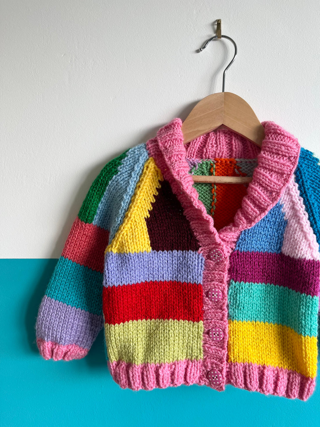 Rainbow Stripe Hand Knitted Cardigan W/ Pink Detail ~ 1-2 Years