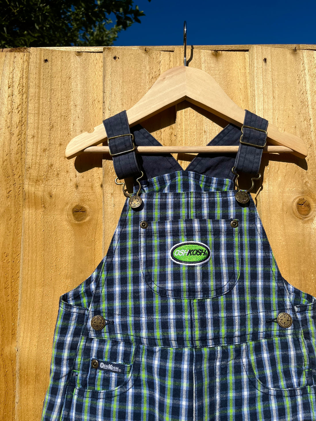Vintage OshKosh Blue & Neon Green Check Shortalls ~ 2-3 Years