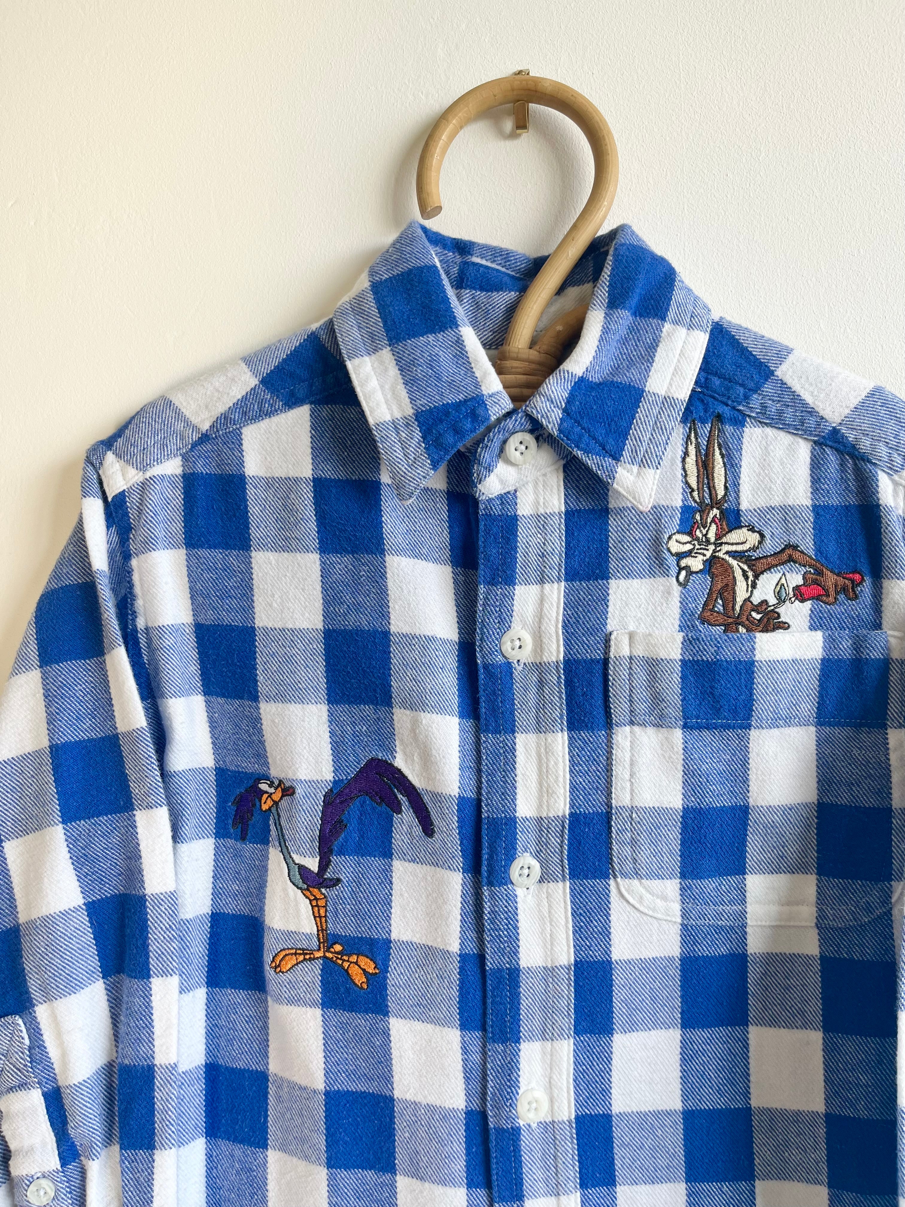 Vintage Looney Tunes Blue & White Check Flannel Shirt ~ 2-4 Years