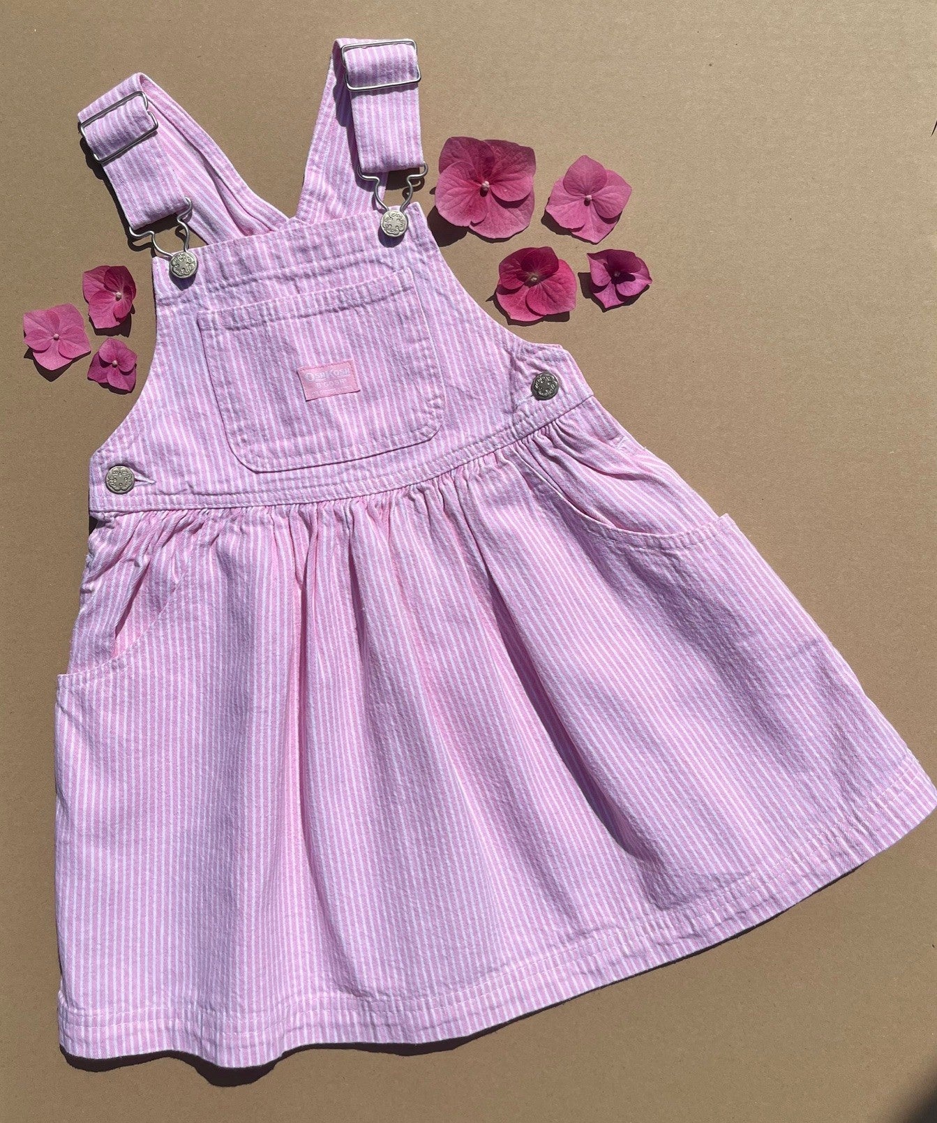Vintage OshKosh Pink & White Hickory Stripe Pinafore Dress ~ 5 Years