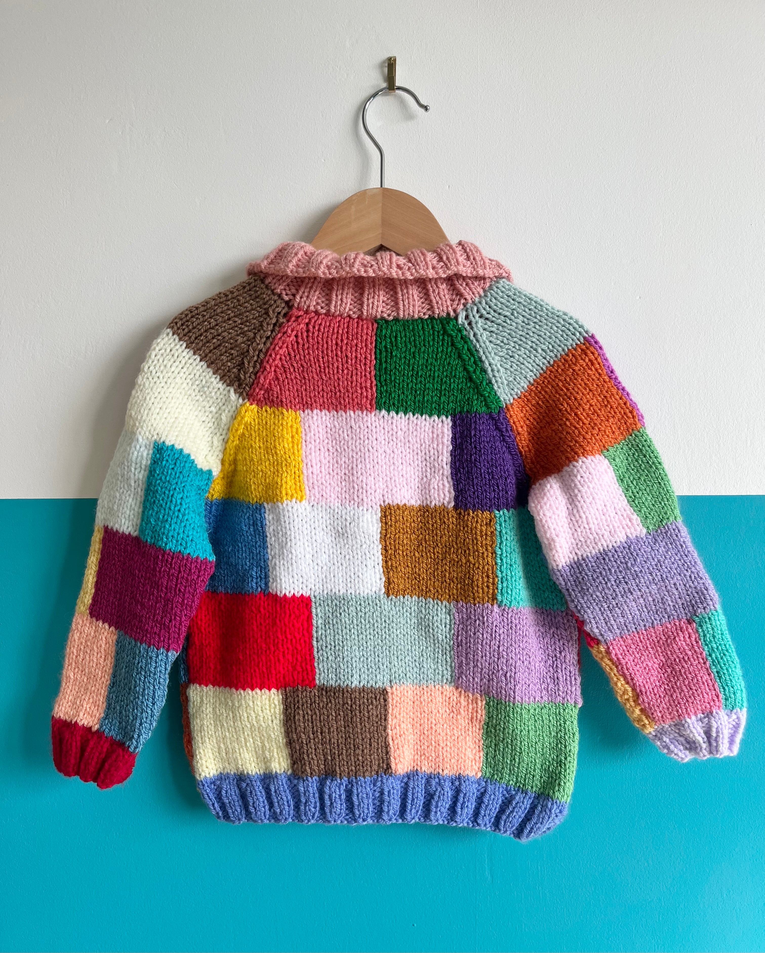 Rainbow Square Hand Knitted Cardigan W/ Pink Collar ~ 2-3 Years