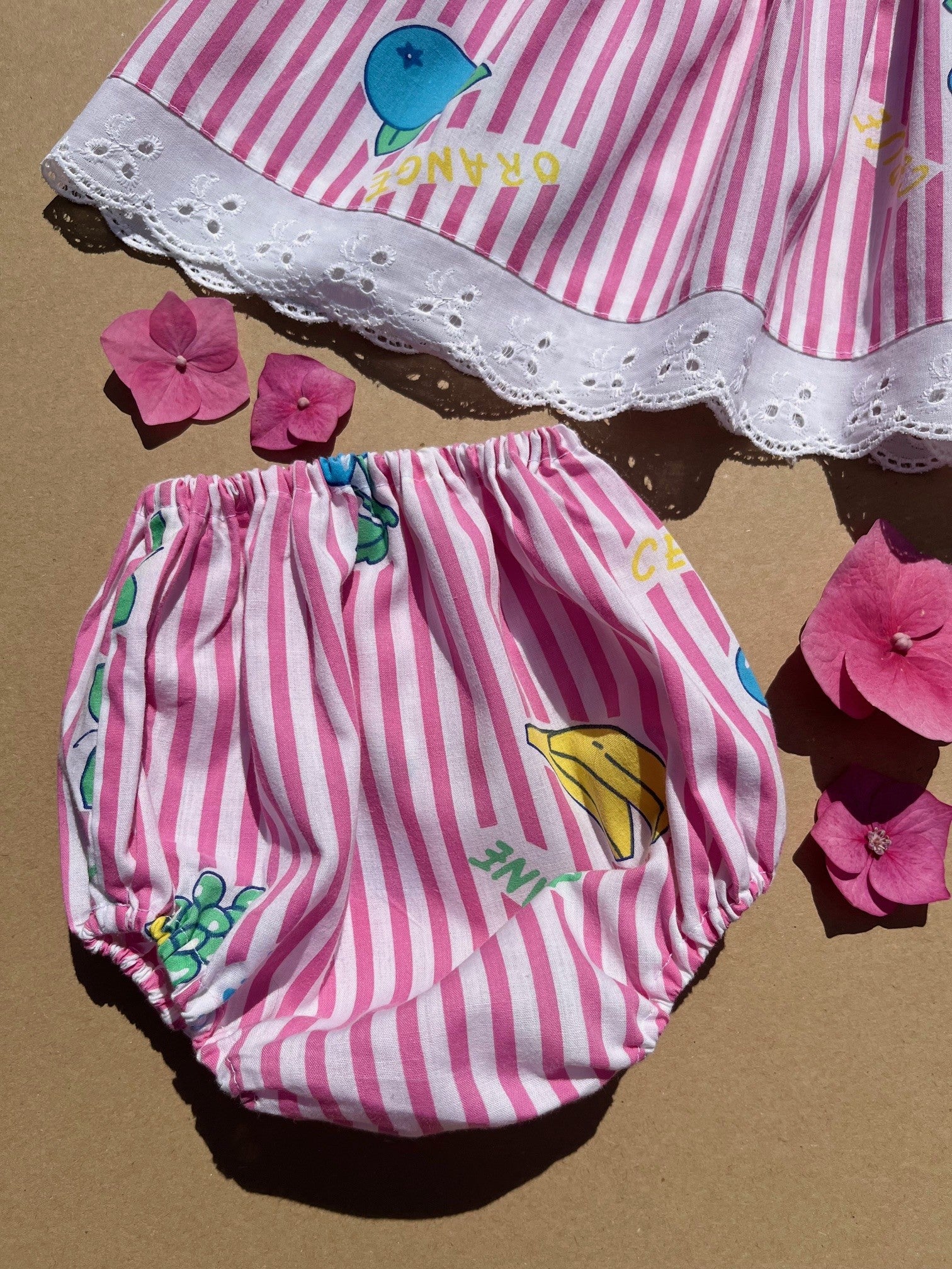 French Vintage Pink & White Striped Dress & Bloomers Set