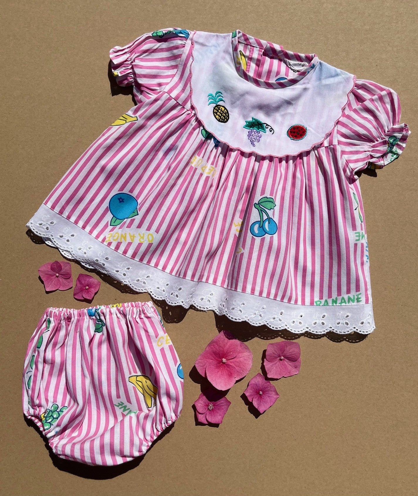 French Vintage Pink & White Striped Dress & Bloomers Set