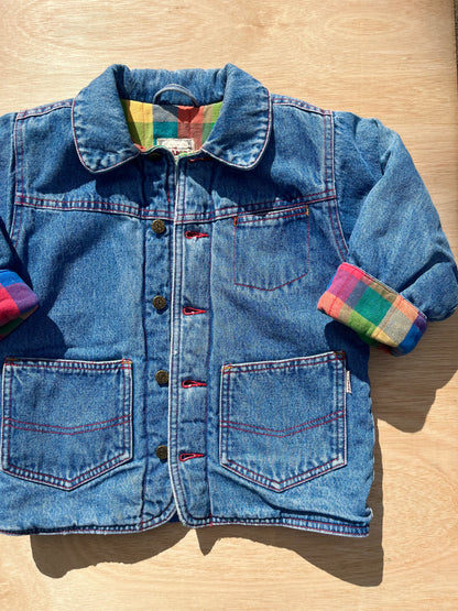 Vintage Padded Thick Denim Jacket W/ Multi-Check Lining ~ 2-3 Years
