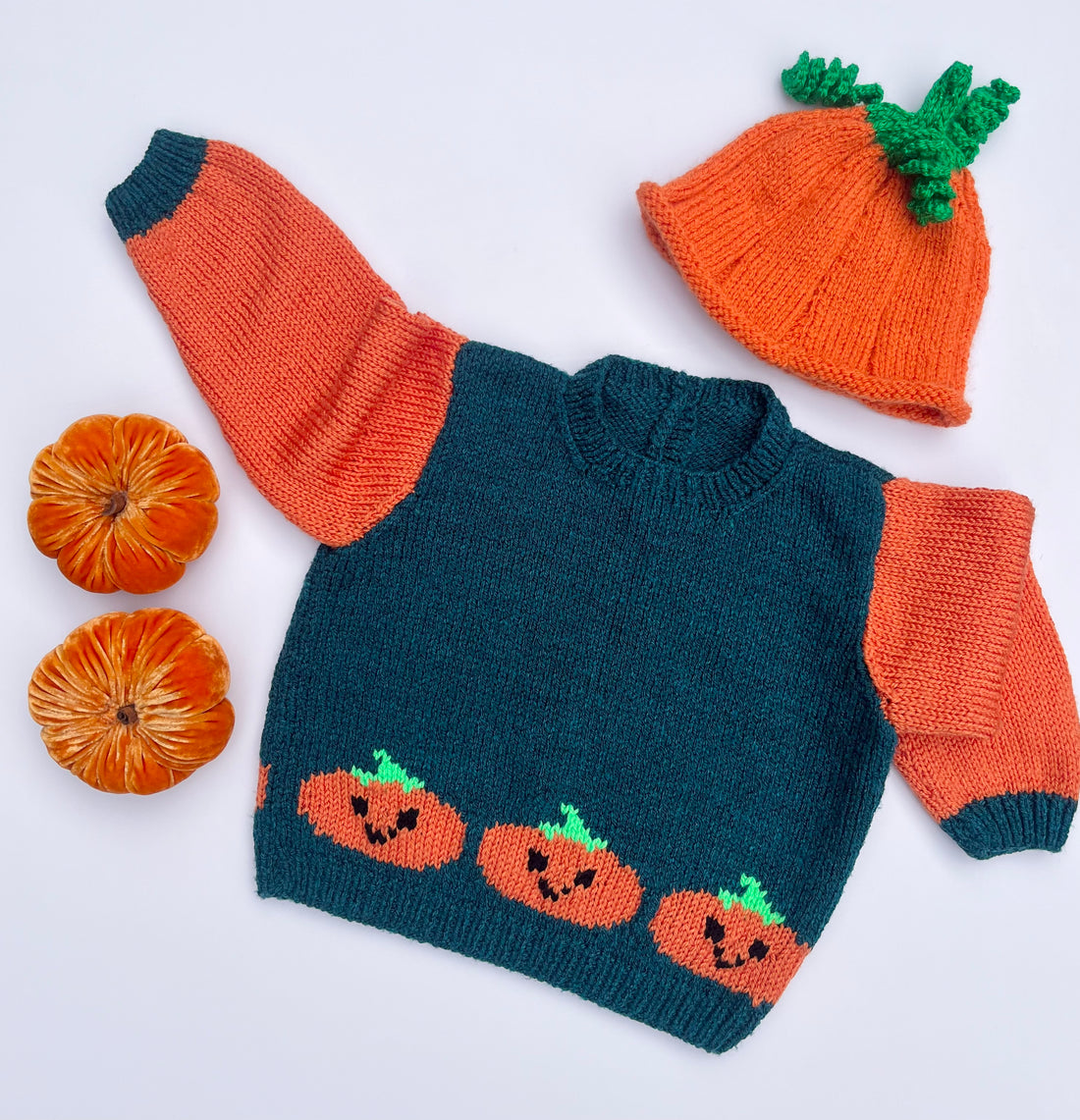 Teal &amp; Orange Hand Knitted Pumpkin Jumper ~ 12-18 Months