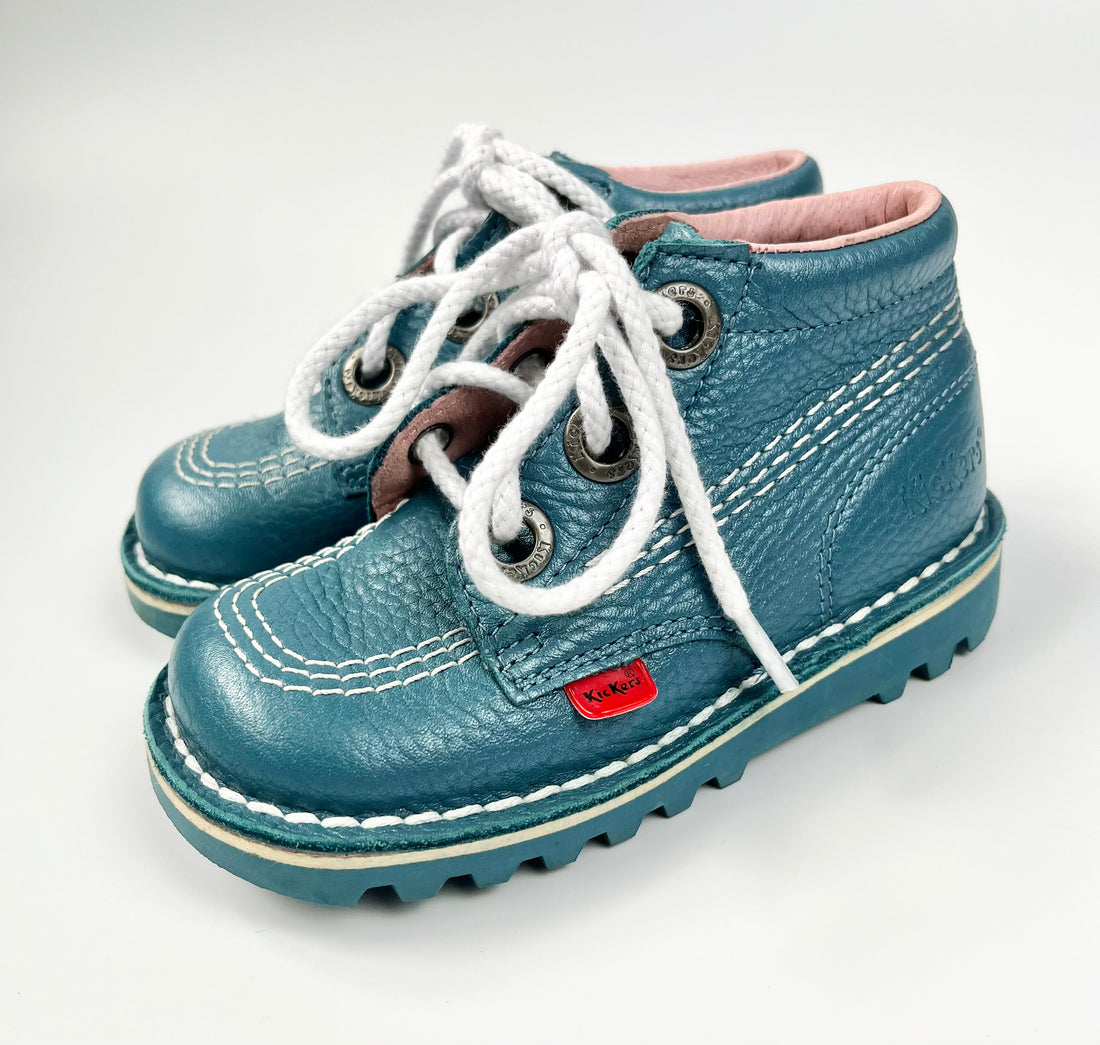 Kickers Teal Blue Leather Lace-Up Boots ~ UK Infant Size 8 1/2