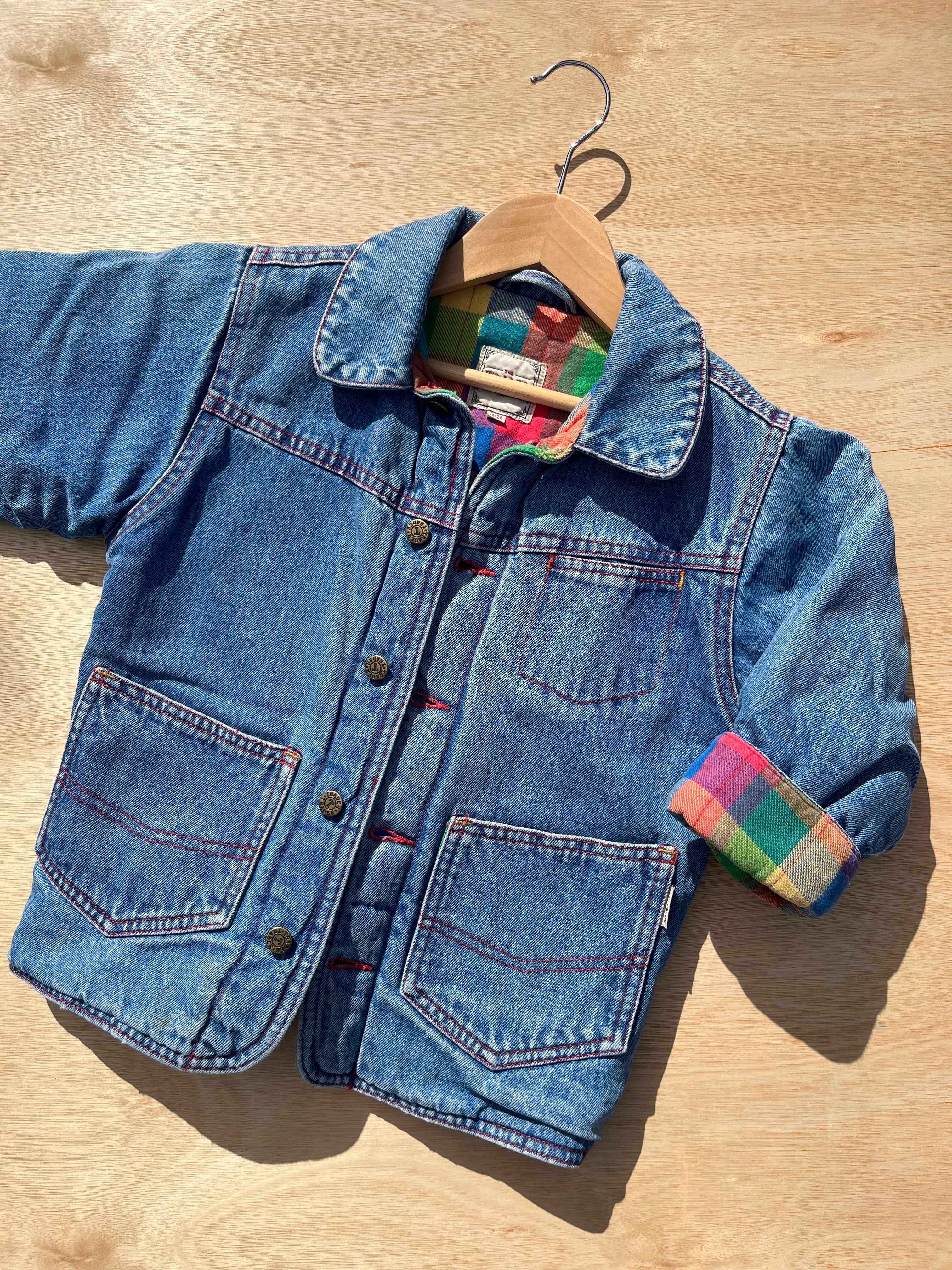 Vintage Padded Thick Denim Jacket W/ Multi-Check Lining ~ 2-3 Years