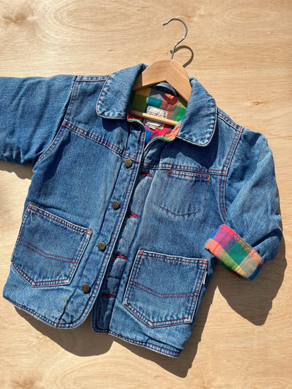 Vintage Padded Thick Denim Jacket W/ Multi-Check Lining ~ 2-3 Years