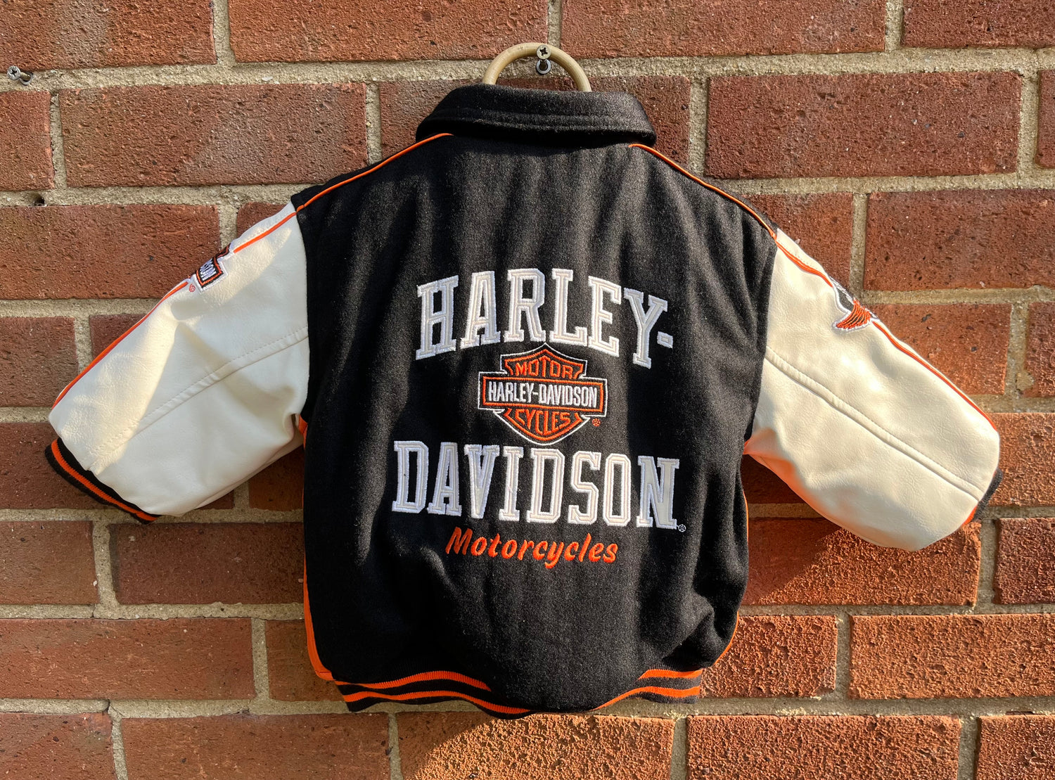 Superb Harley Davidson Black Wool Blend Bomber Jacket W/ Faux Leather Sleeves ~ 18 months