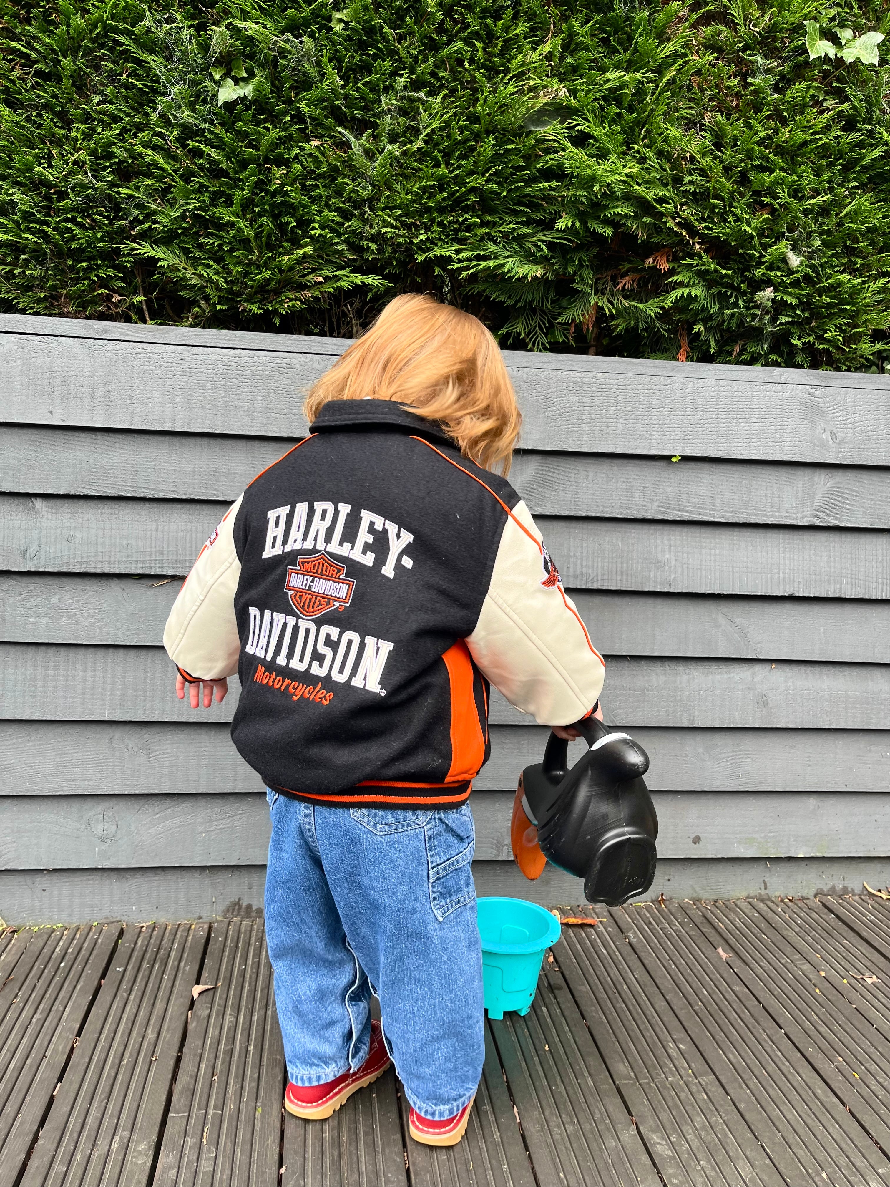 Superb Harley Davidson Black Wool Blend Bomber Jacket W/ Faux Leather Sleeves ~ 18 months