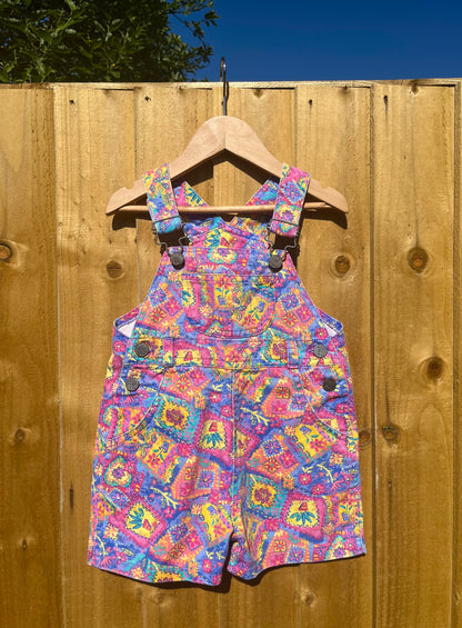 Vintage Ladybird Pink &amp; Purple Floral Denim Shortalls ~ 2-3 Years