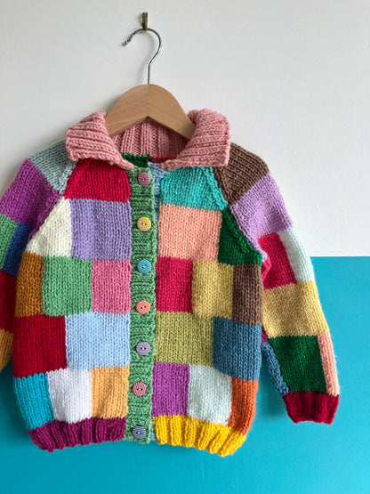 Rainbow Square Hand Knitted Cardigan W/ Pink Collar ~ 2-3 Years