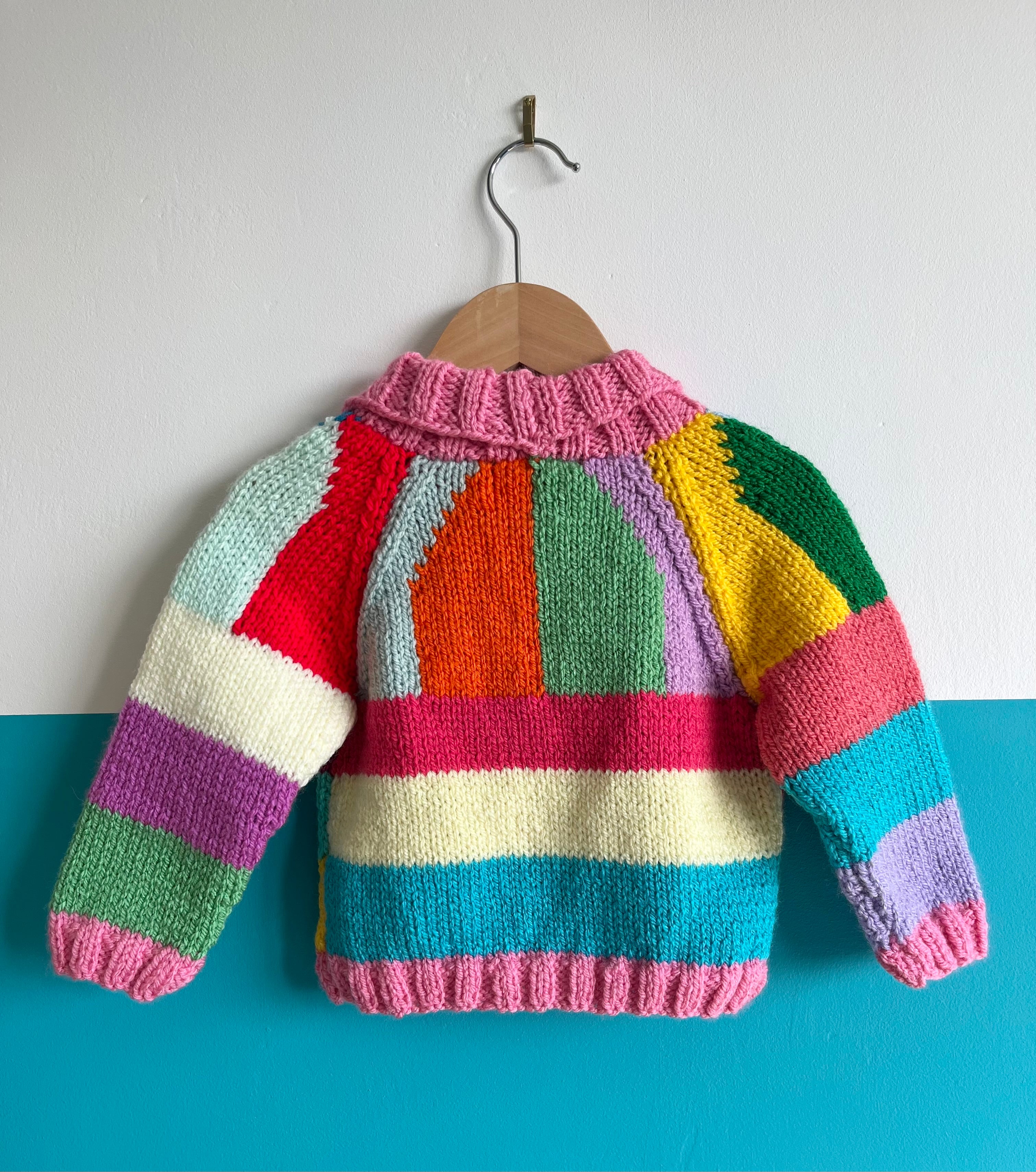Rainbow Stripe Hand Knitted Cardigan W/ Pink Detail ~ 1-2 Years