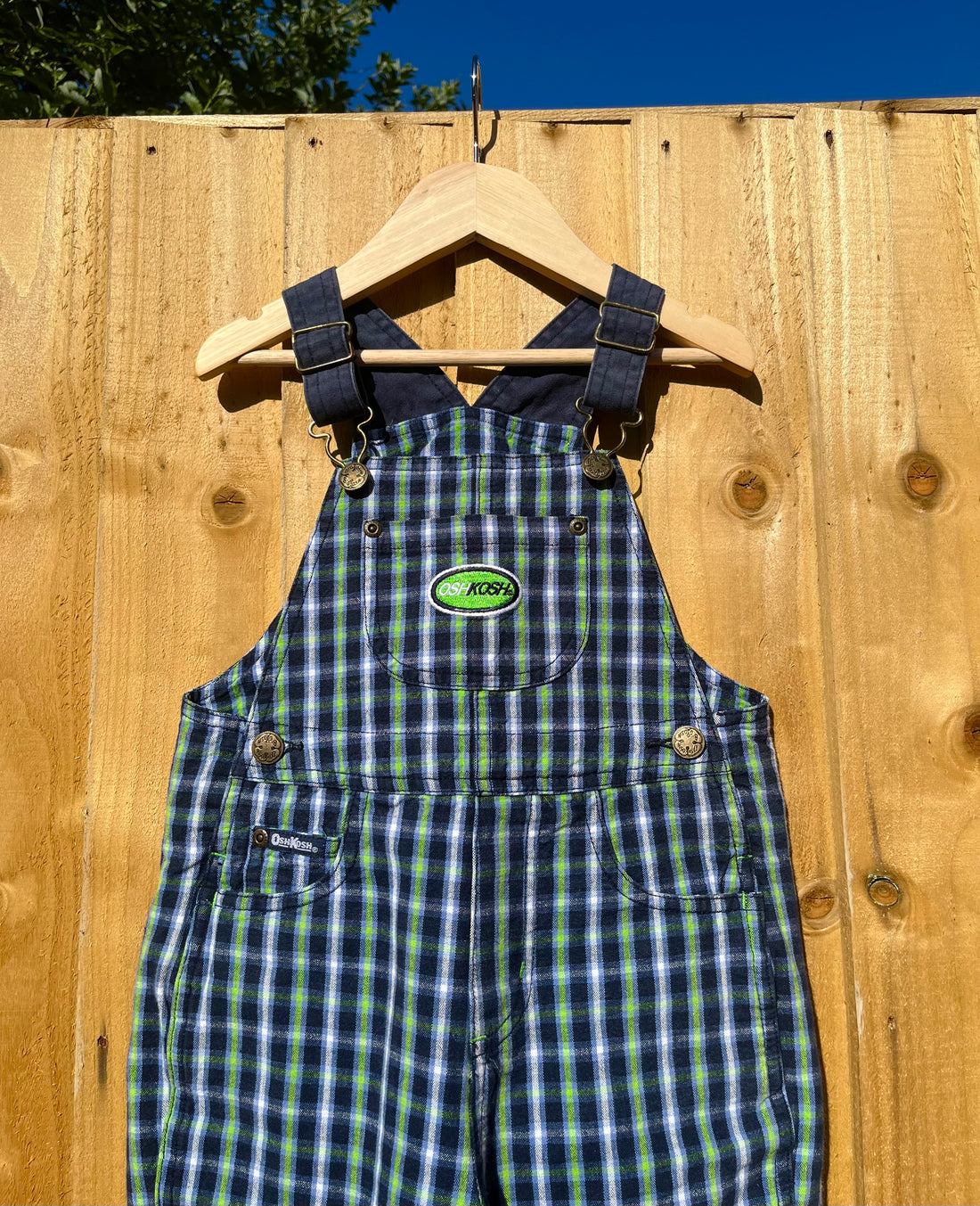 Vintage OshKosh Blue & Neon Green Check Shortalls ~ 2-3 Years