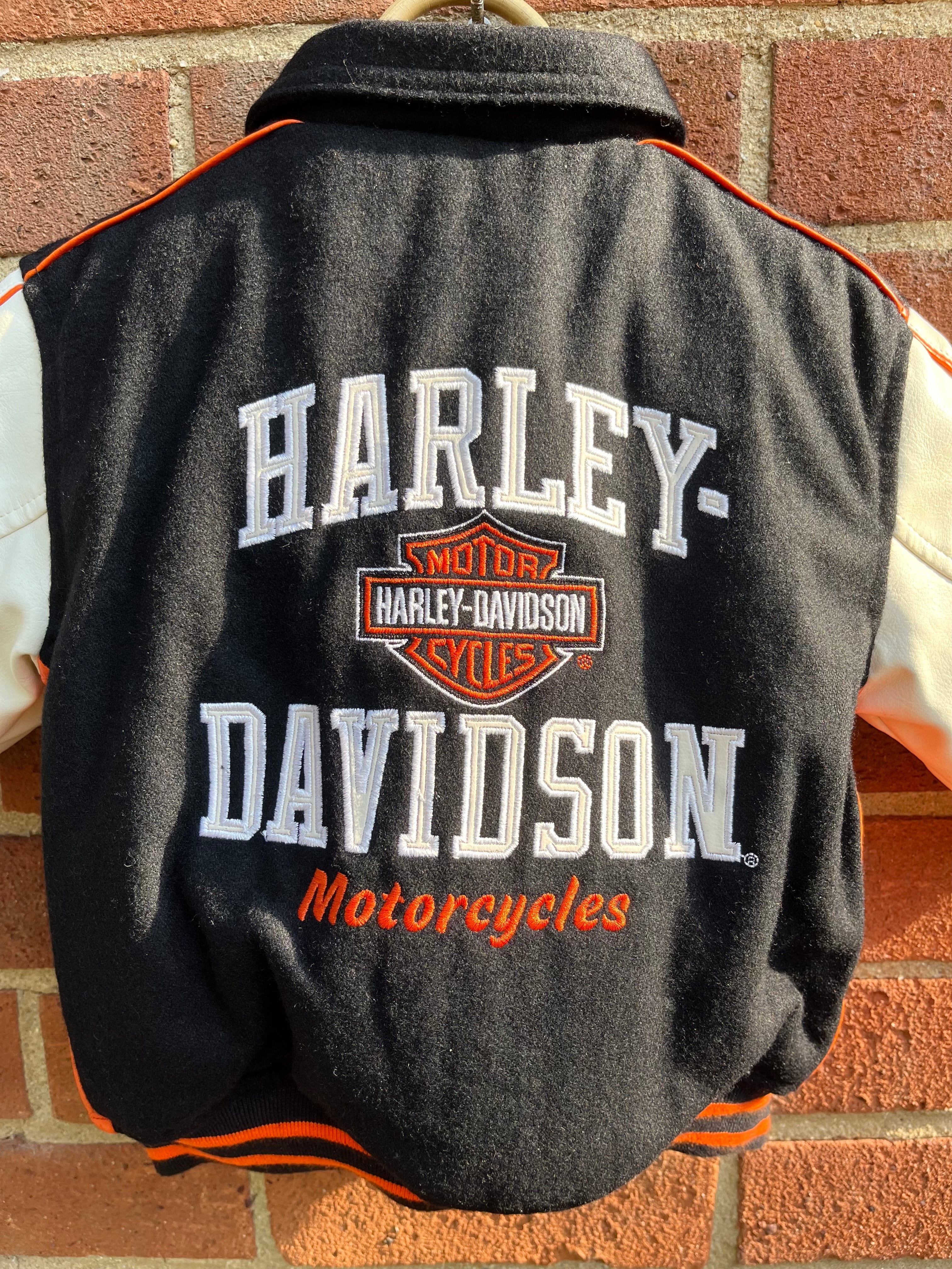 Superb Harley Davidson Black Wool Blend Bomber Jacket W/ Faux Leather Sleeves ~ 18 months