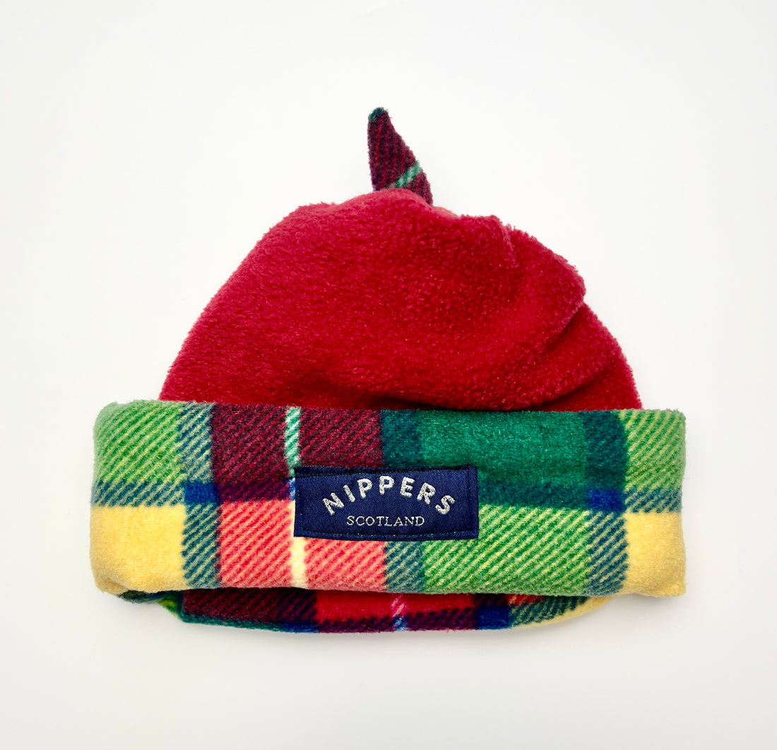 Vintage Nippers Red Fleece Hat With Tartan Detail ~ 0-6 Months