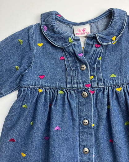 Vintage Carters Denim Button Down Dress With Embroidered Hearts ~ 9-12 months