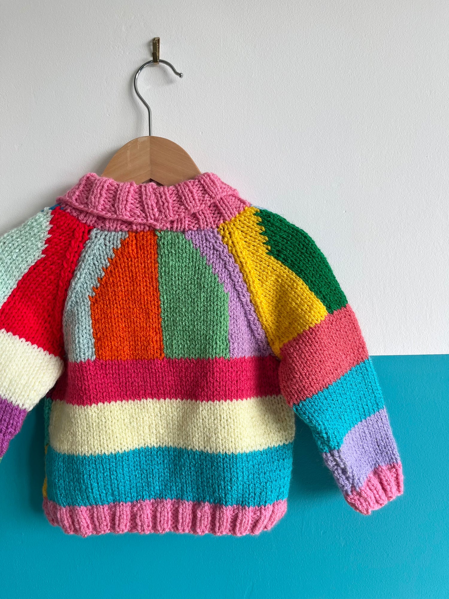 Rainbow Stripe Hand Knitted Cardigan W/ Pink Detail ~ 1-2 Years