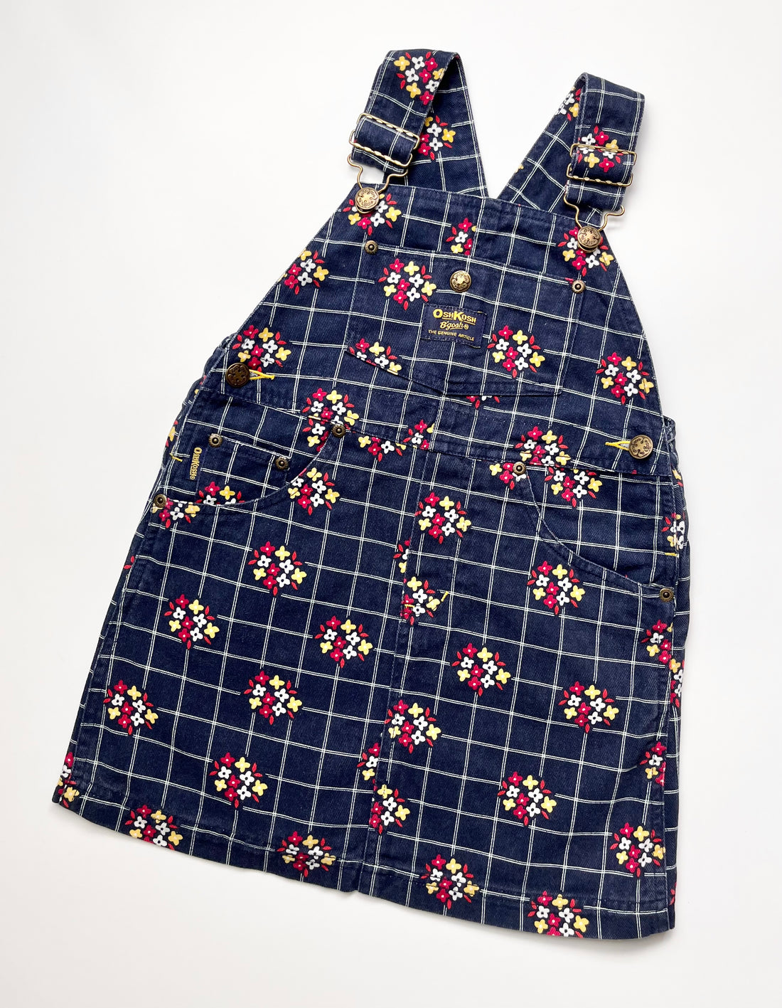 Vintage OshKosh Navy Check Pinafore Dress With Floral Detailing ~ 5 Years