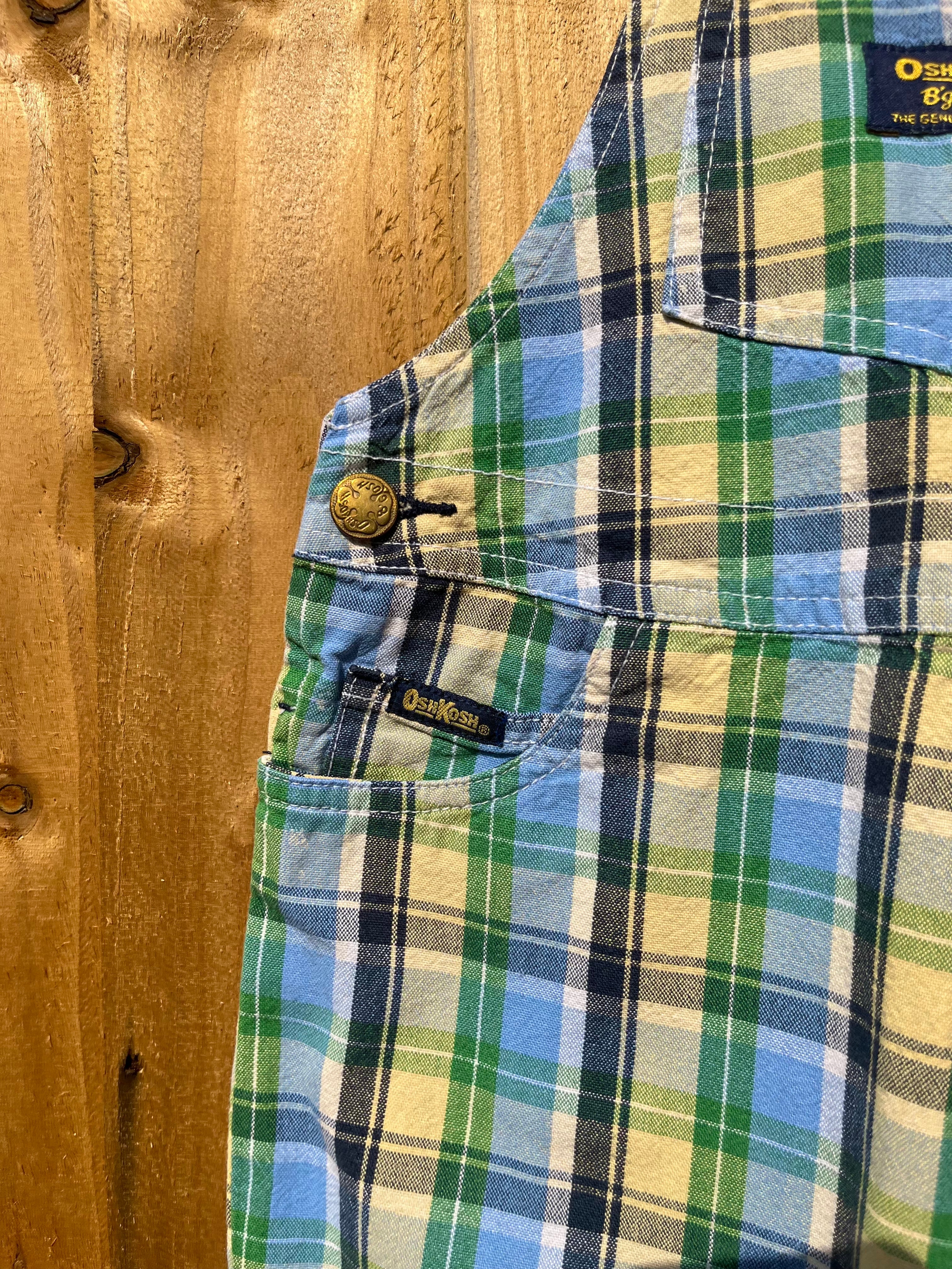 Vintage OshKosh Blue, Green &amp; Yellow Check Shortalls ~ 2-3 Years
