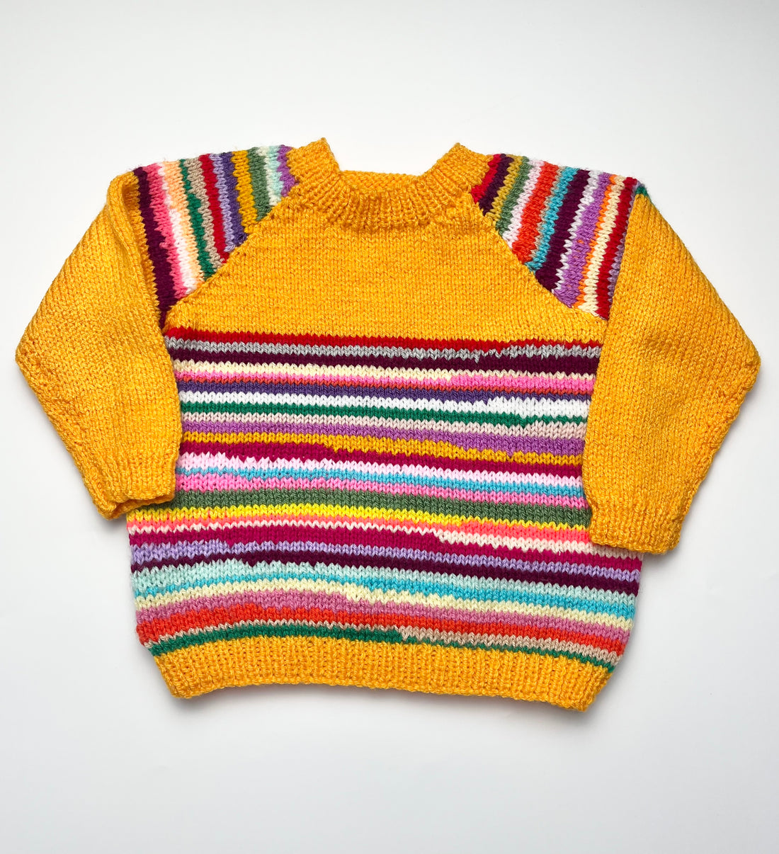 Yellow Rainbow Stripe Hand Knitted Jumper ~ 18-24 Months