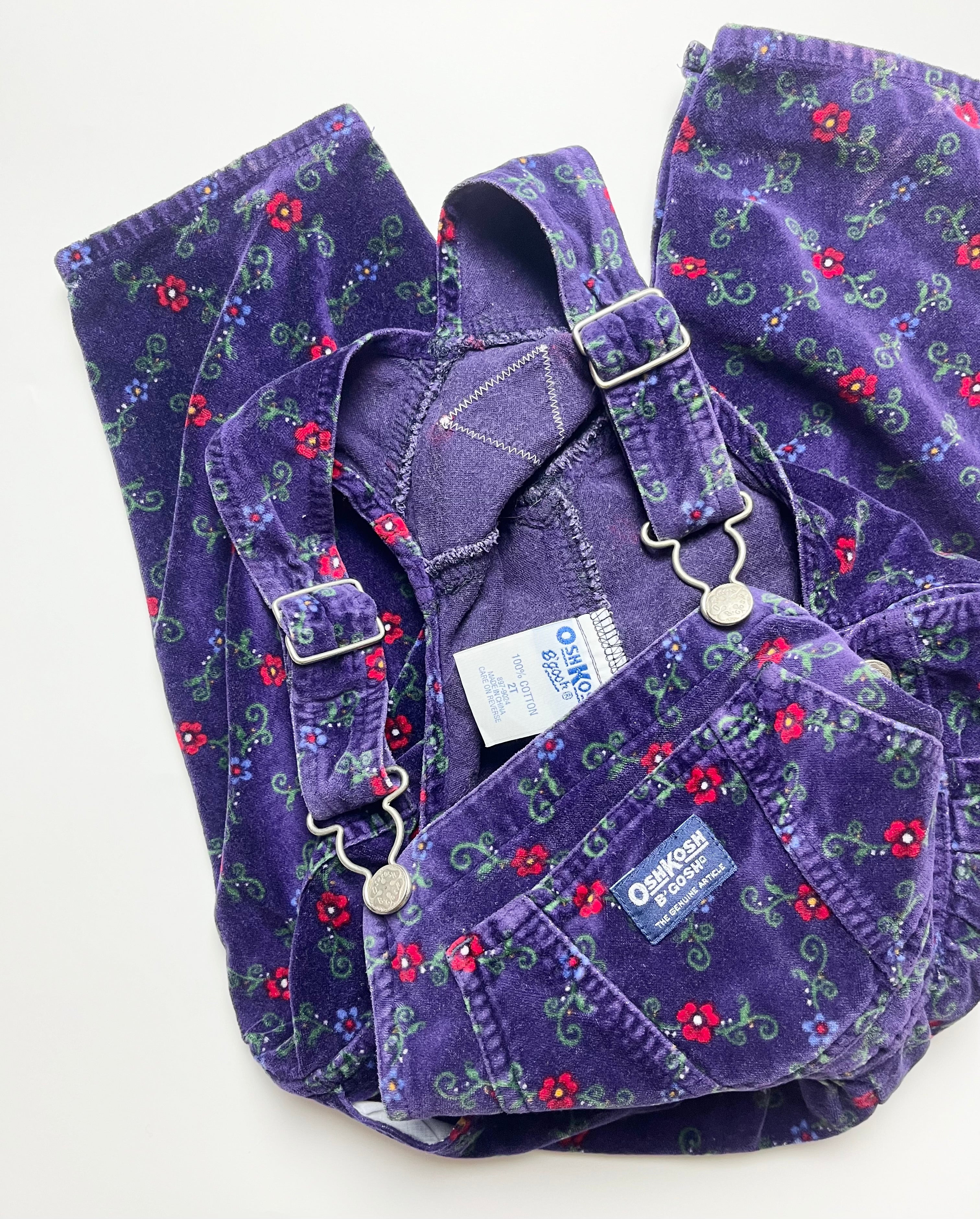 Superb Vintage OshKosh Purple Velvet Floral Dungarees ~ 2T