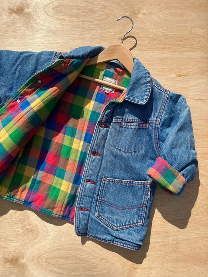 Vintage Padded Thick Denim Jacket W/ Multi-Check Lining ~ 2-3 Years