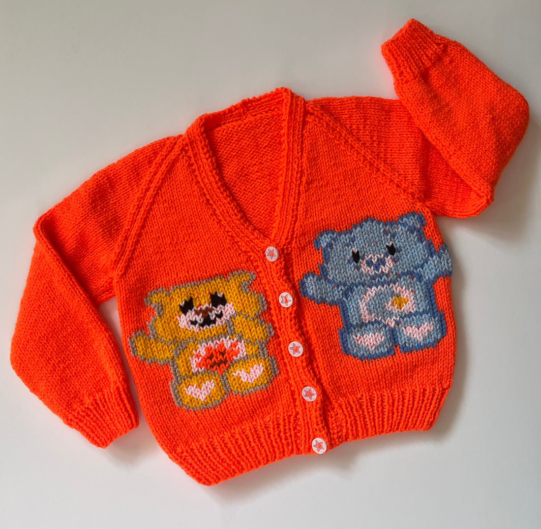 Bright Orange Care Bears Hand Knitted Cardigan ~ 2-3 Years