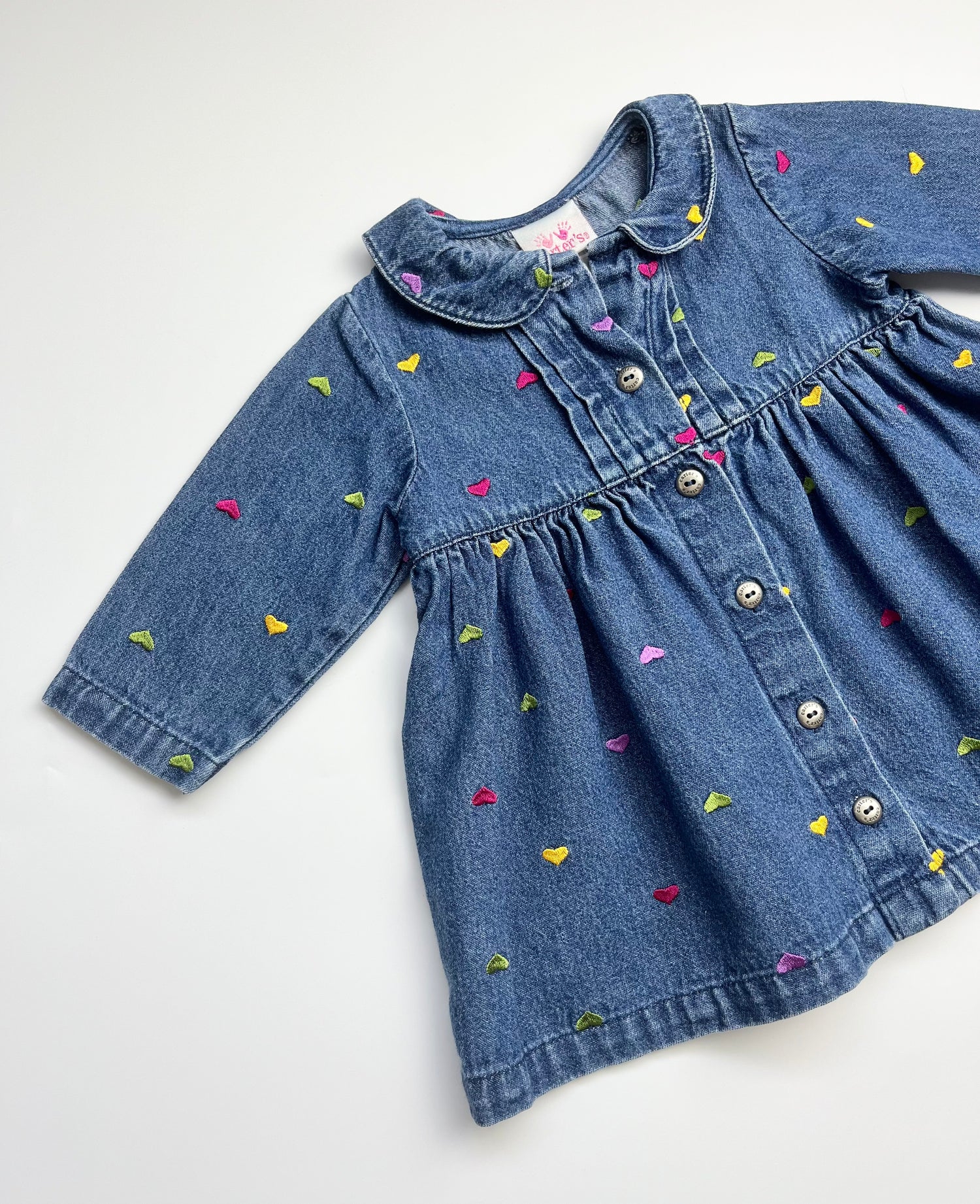 Vintage Carters Denim Button Down Dress With Embroidered Hearts ~ 9-12 months