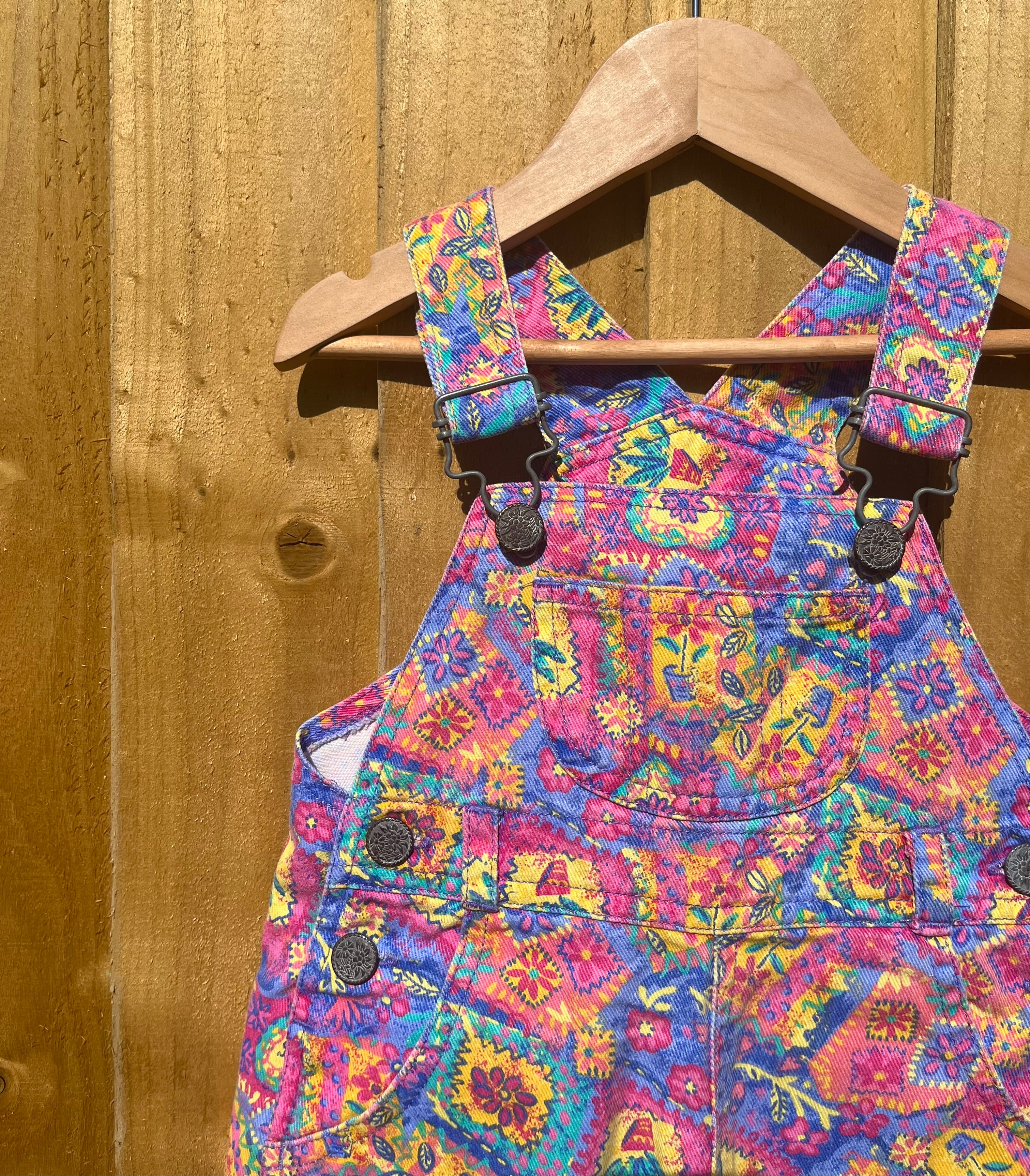 Vintage Ladybird Pink &amp; Purple Floral Denim Shortalls ~ 2-3 Years