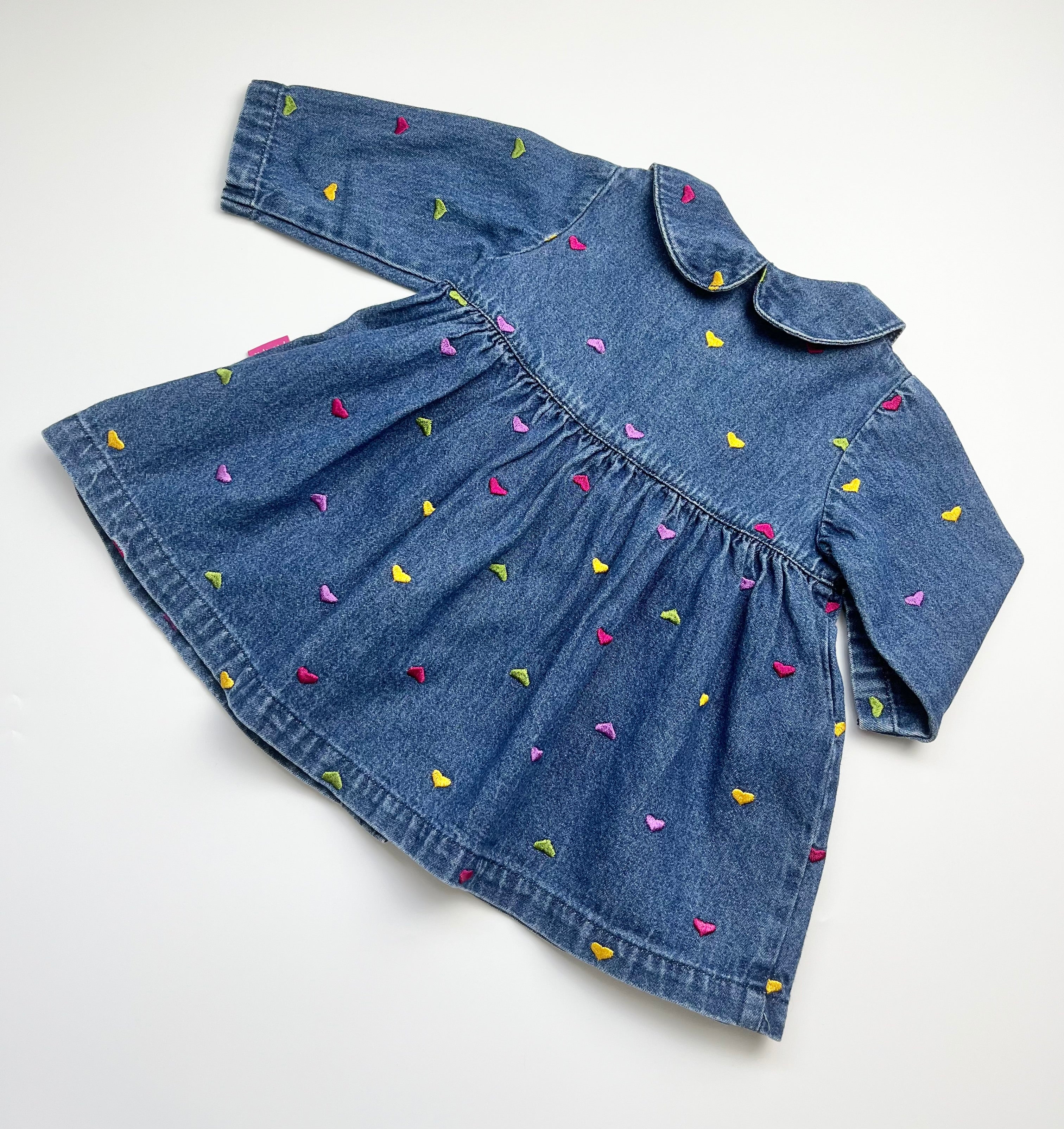 Vintage Carters Denim Button Down Dress With Embroidered Hearts ~ 9-12 months