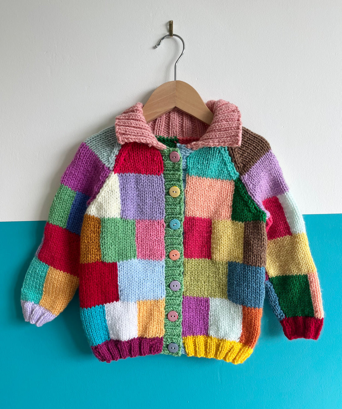 Rainbow Square Hand Knitted Cardigan W/ Pink Collar ~ 2-3 Years