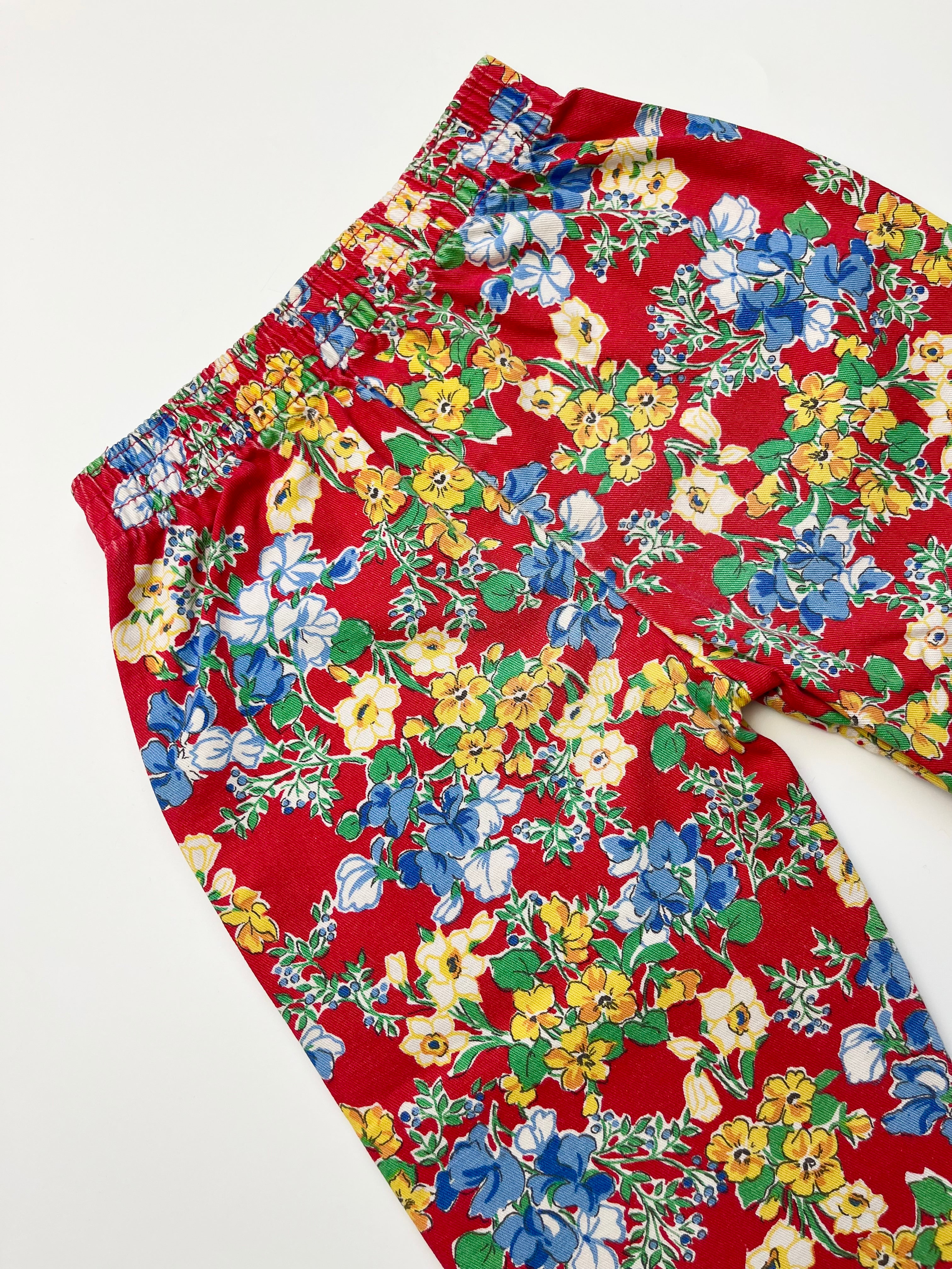 Vintage Red Floral Pull-On Trousers ~ 12-18 Months