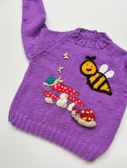 Sweet Bug &amp; Toadstool Hand Knitted Lilac Jumper ~ 3 Years