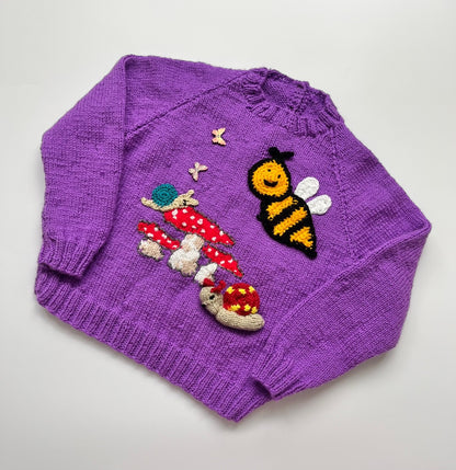 Sweet Bug &amp; Toadstool Hand Knitted Lilac Jumper ~ 3 Years