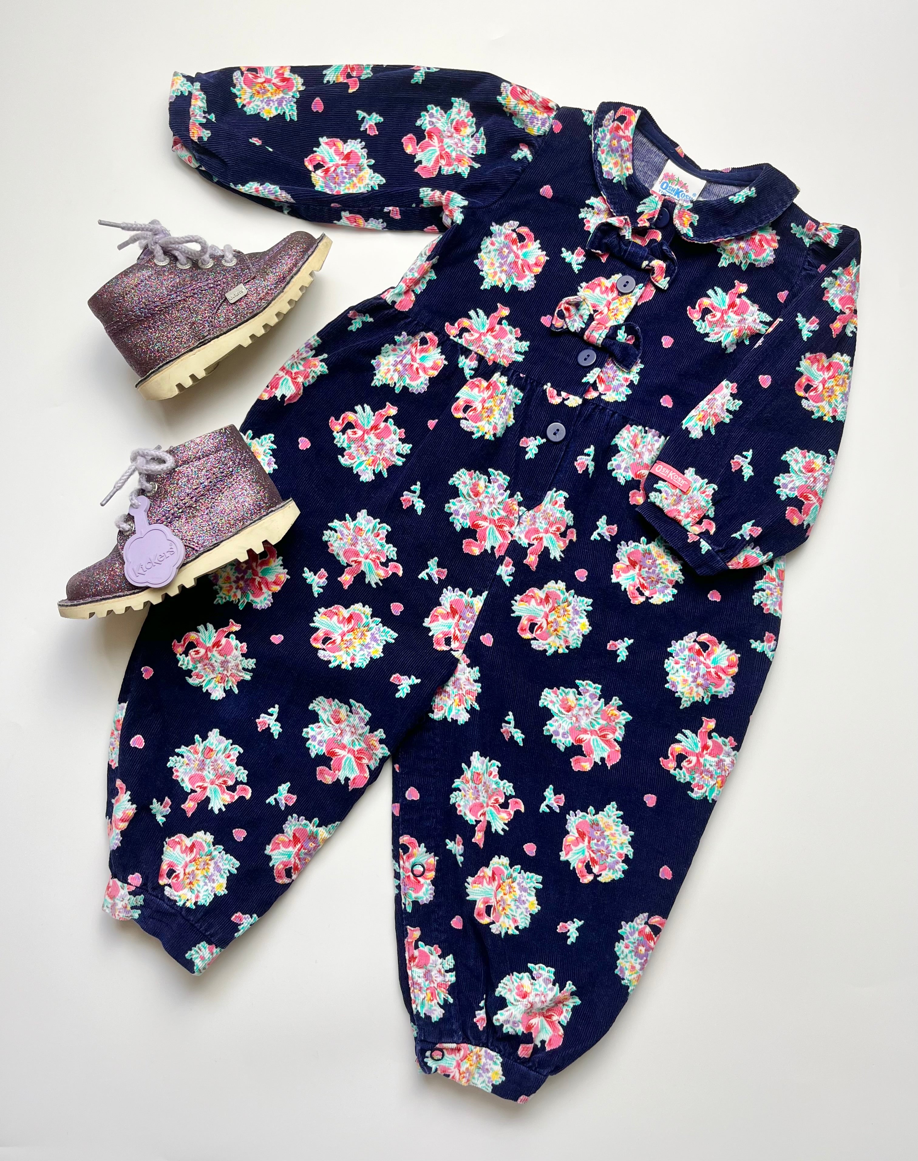 Gorgeous Vintage OshKosh Navy &amp; Pink Floral Cord Romper ~ 24 Months