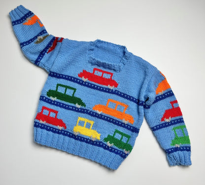 Blue Car Design Hand Knitted Jumper ~ 2-3 Years