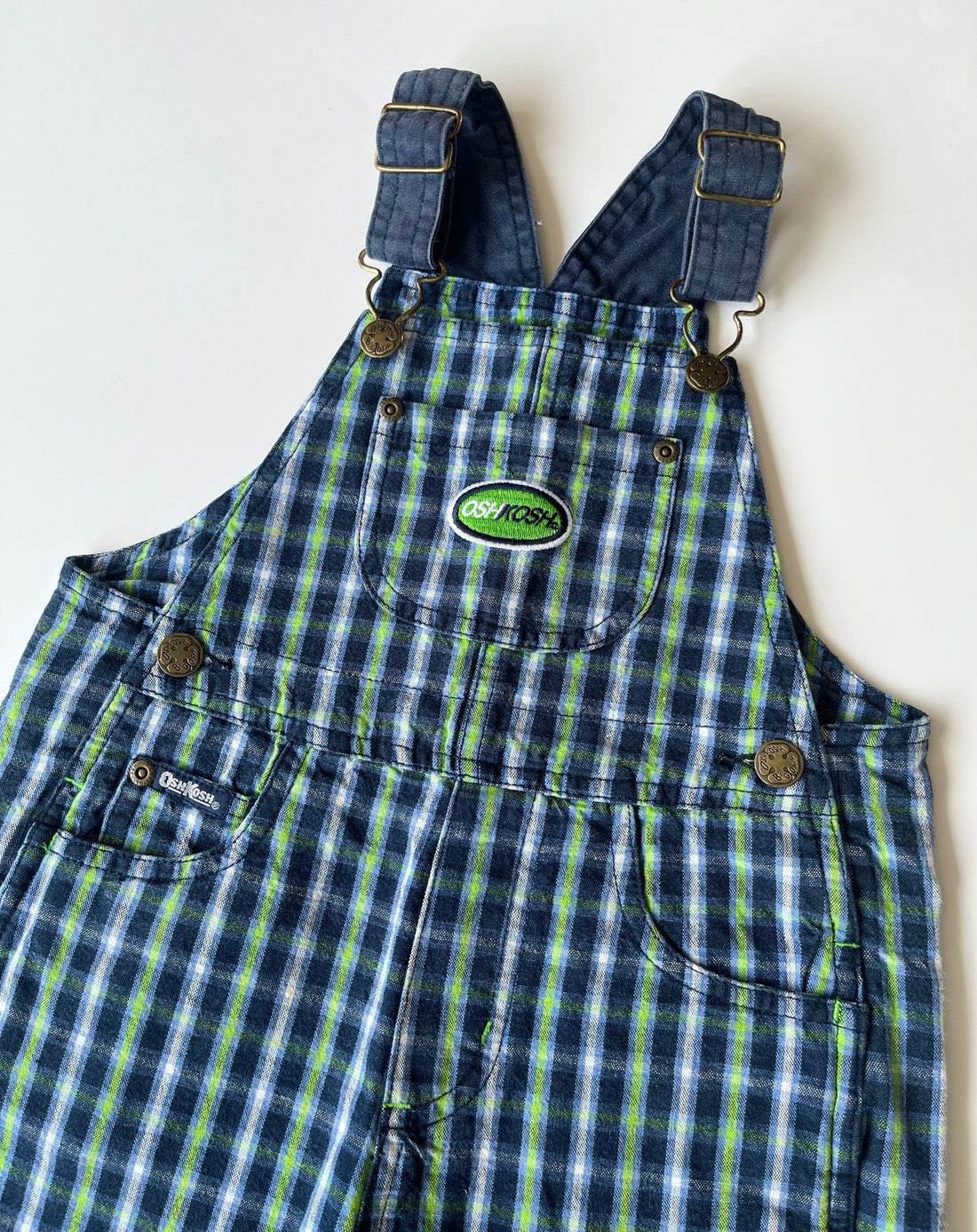 Vintage OshKosh Blue &amp; Neon Green Check Shortalls ~ 3-4 Years