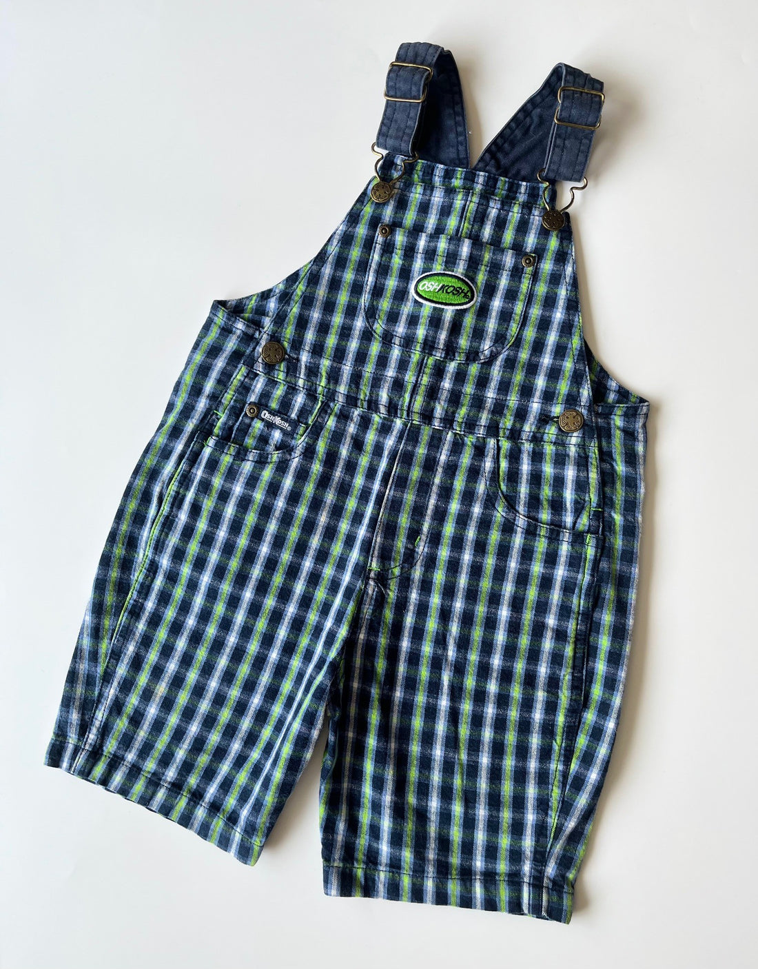 Vintage OshKosh Blue &amp; Neon Green Check Shortalls ~ 3-4 Years