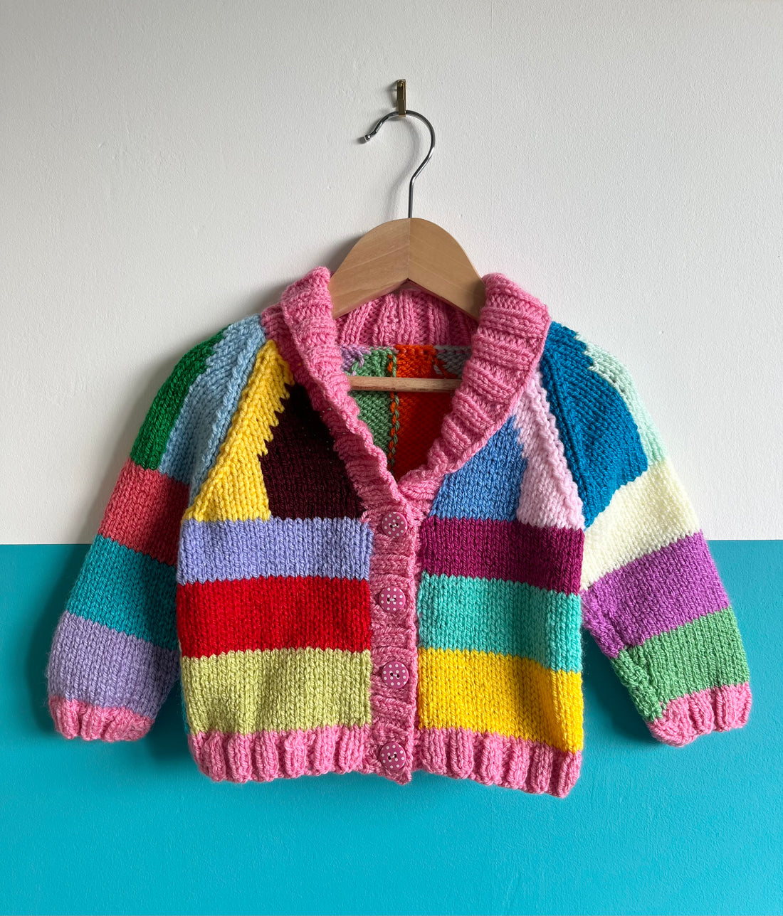 Rainbow Stripe Hand Knitted Cardigan W/ Pink Detail ~ 1-2 Years