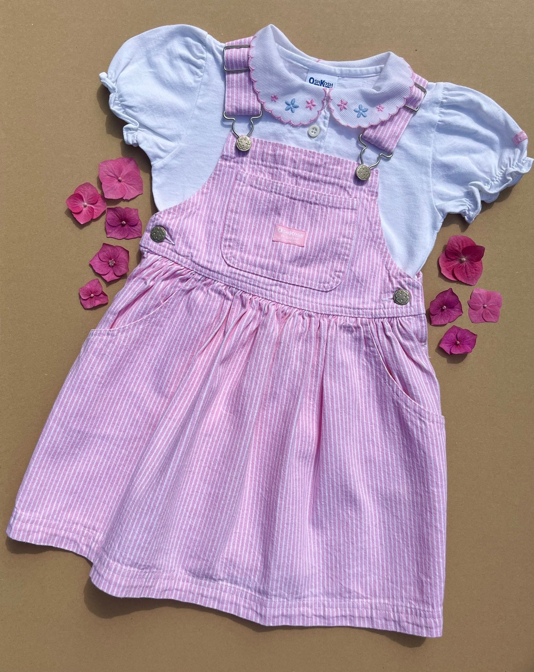 Vintage OshKosh Pink &amp; White Hickory Stripe Pinafore Dress ~ 5 Years