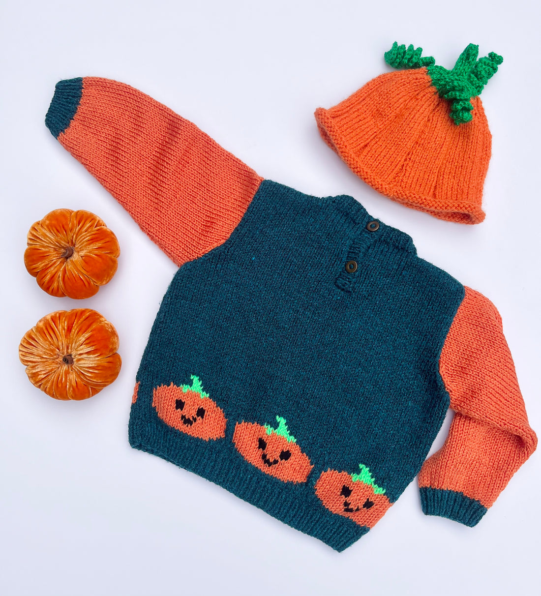 Teal &amp; Orange Hand Knitted Pumpkin Jumper ~ 12-18 Months